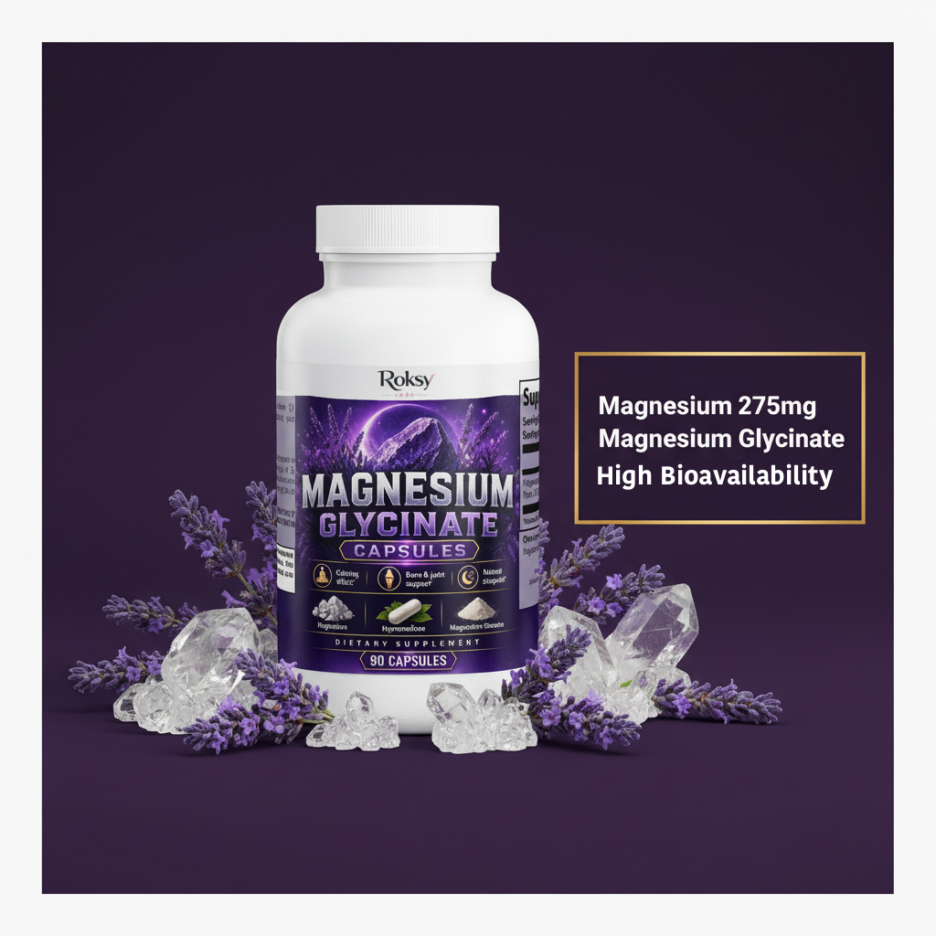 Roksy Magnesium Glycinate capsules 275mg for high bioavailability and relaxation support