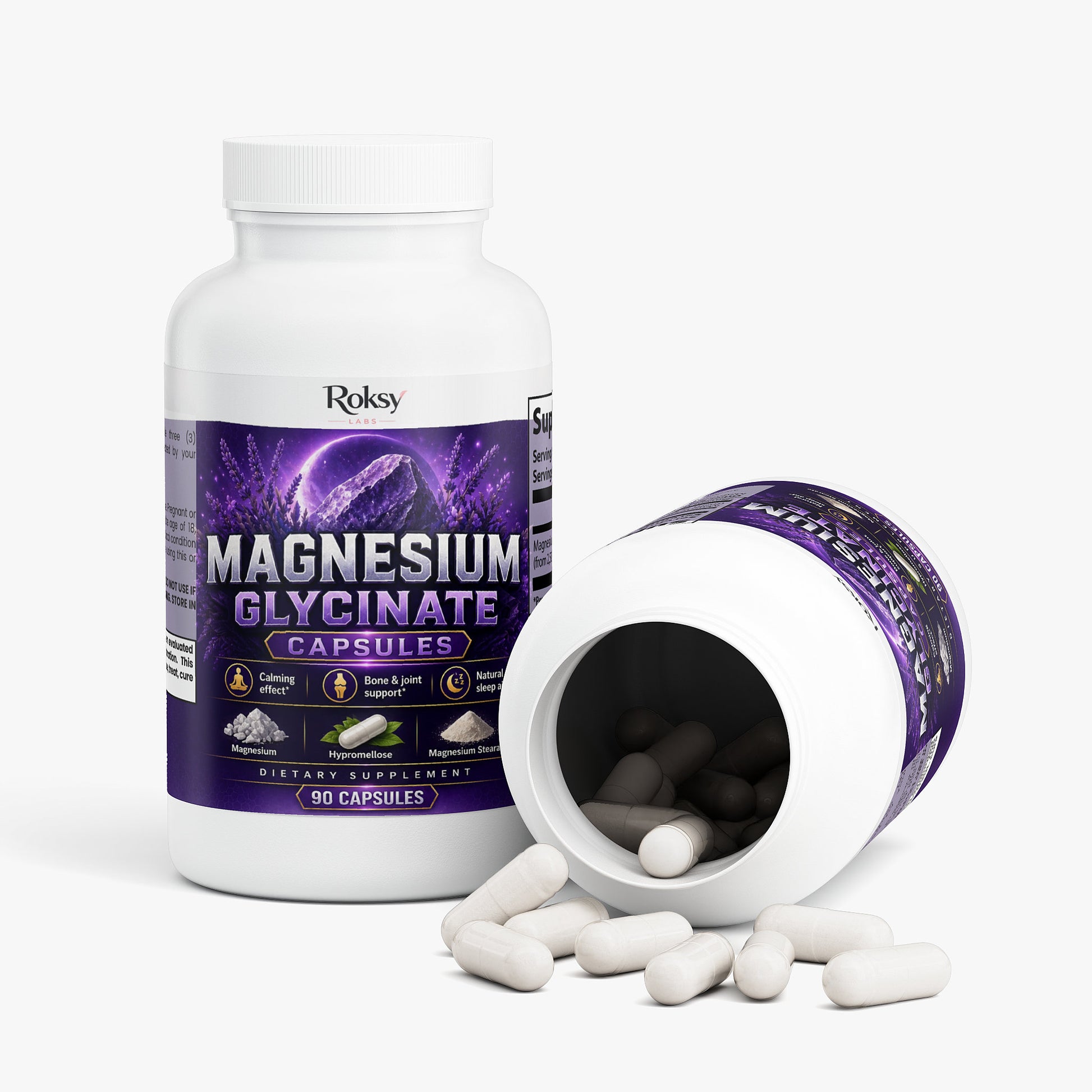 Roksy Magnesium Glycinate capsules 90 count for muscle relaxation and improved sleep