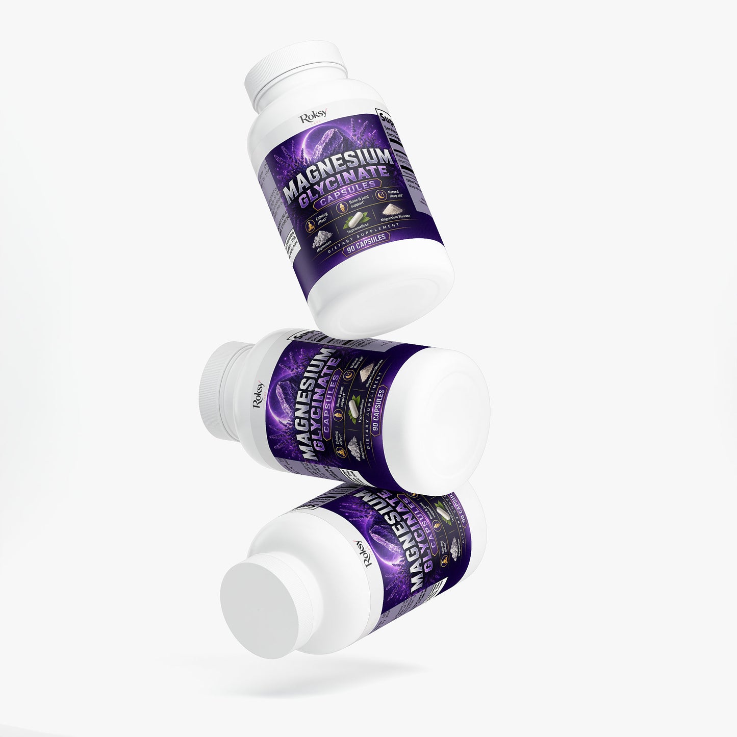 Roksy Magnesium Glycinate capsules in a 180 count for muscle relaxation and stress relief