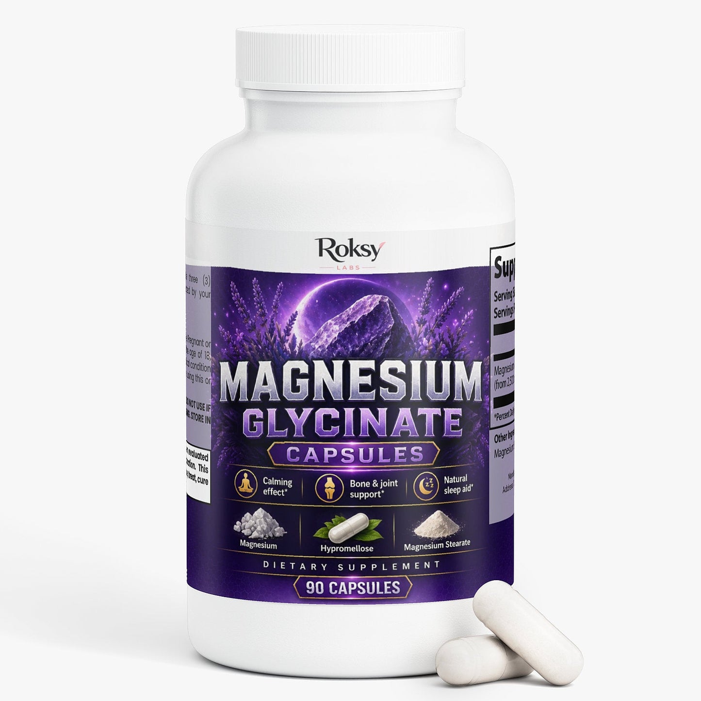 Roksy Magnesium Glycinate capsules 90 count for calming effects and improved sleep quality