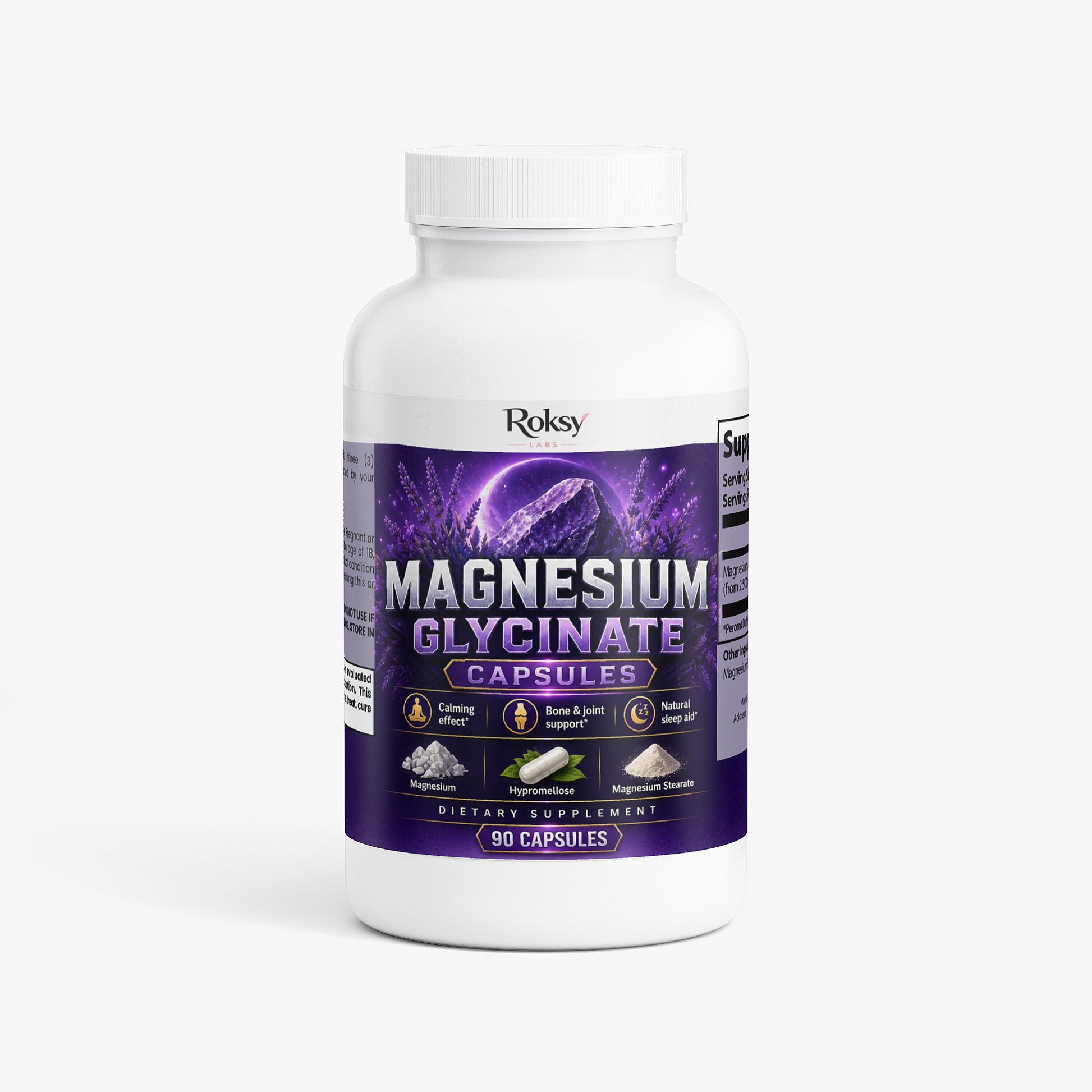 Roksy Magnesium Glycinate capsules 90 count for muscle relaxation and sleep support