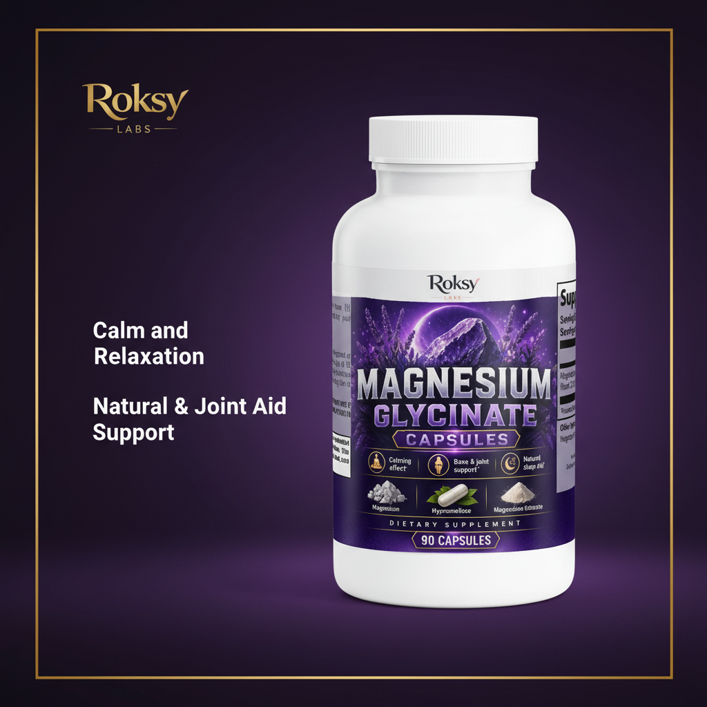 Roksy Magnesium Glycinate capsules 90 count for calm, relaxation, and joint aid support