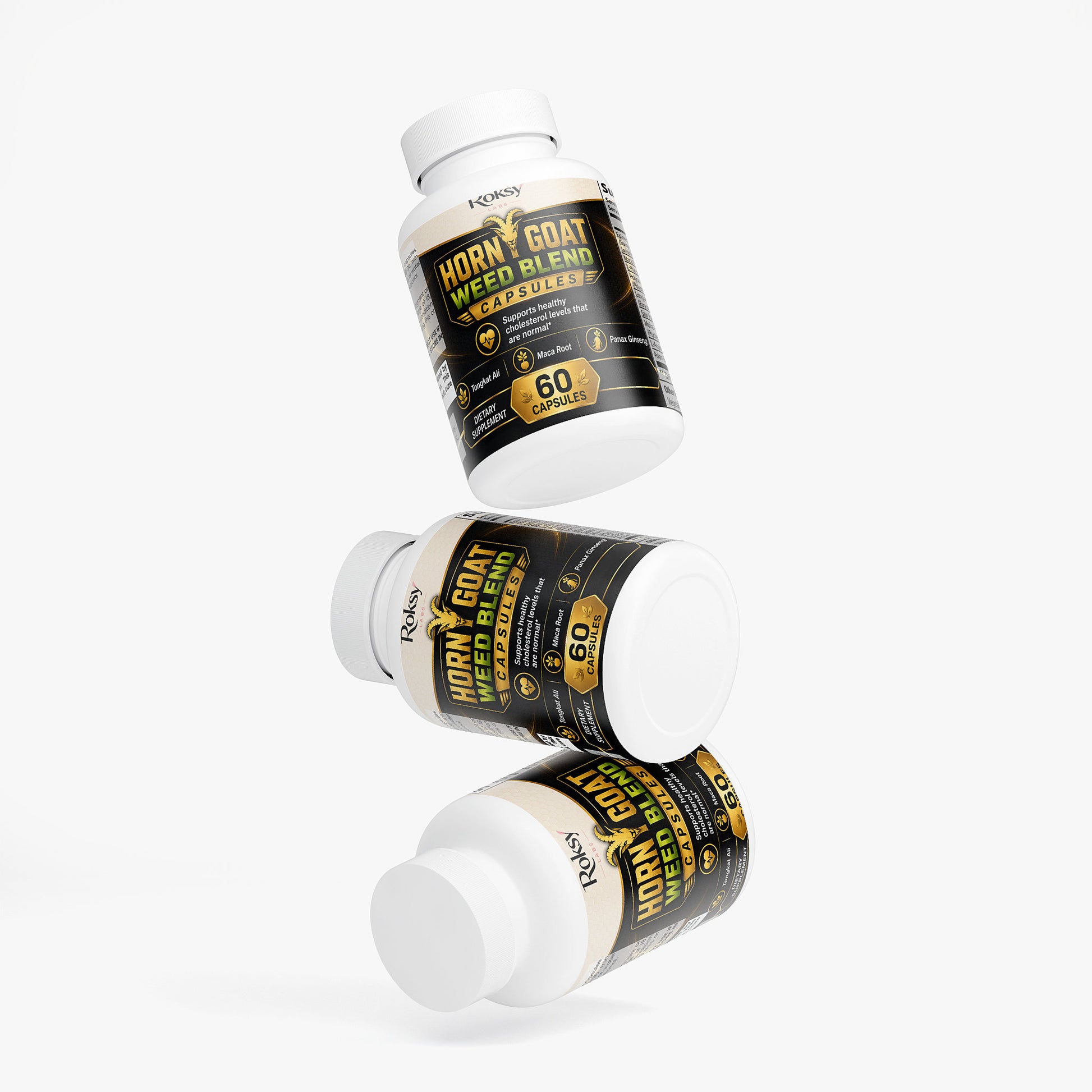 Roksy Horny Goat Weed Blend male vitality supplement in 60 capsule bottles for enhanced male wellness