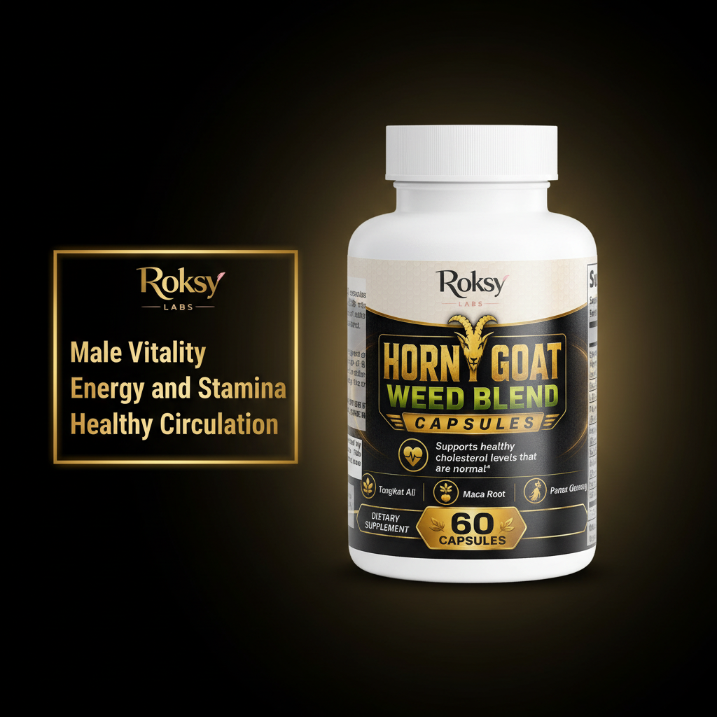 Roksy Horny Goat Weed Blend male vitality supplement capsules in a 60 count bottle for energy and stamina