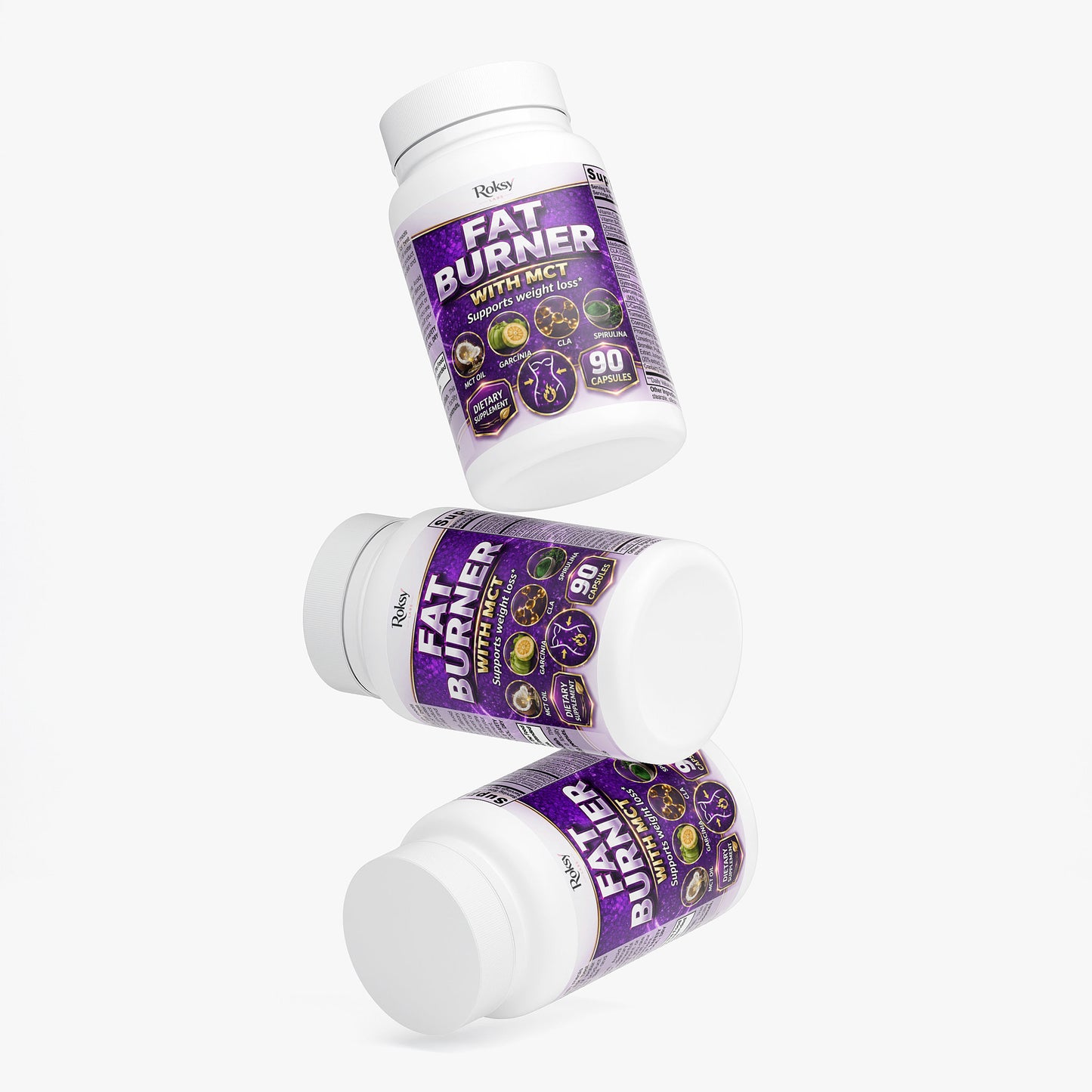 Roksy Fat Burner with MCT Oil Supplement Bottles in Purple for Weight Management Support
