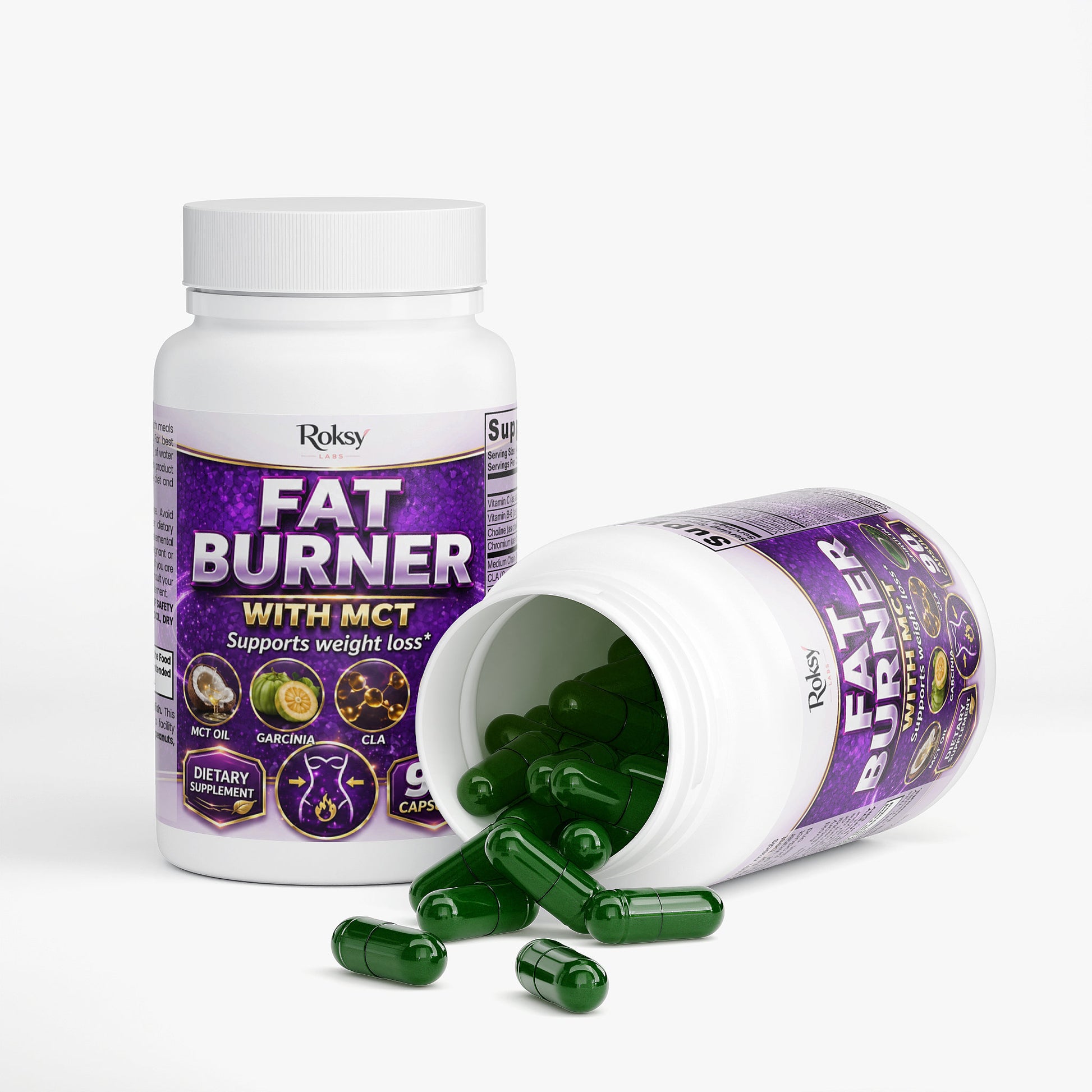 Roksy Fat Burner supplement with MCT oil capsules for weight management and support for weight loss
