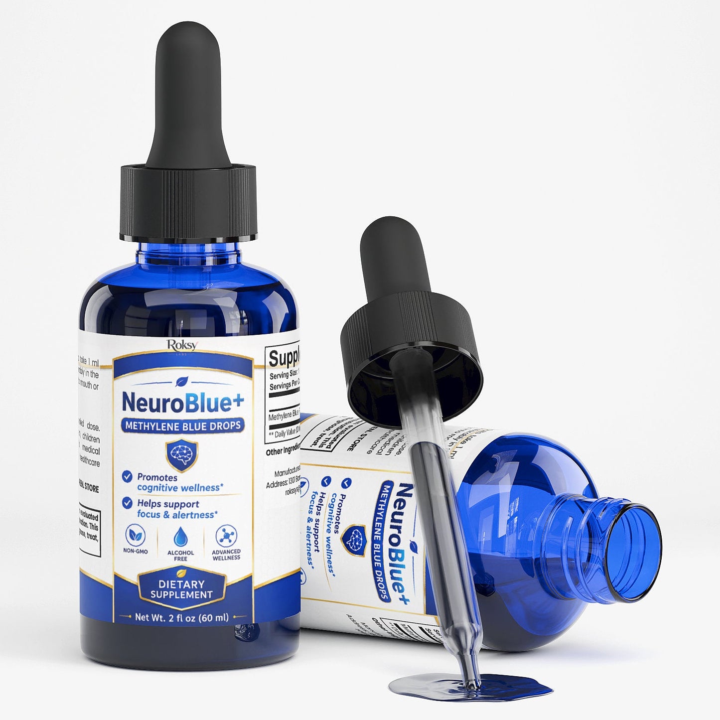 Roksy NeuroBlue+ Methylene Blue Drops 2 oz promoting cognitive wellness and focus support