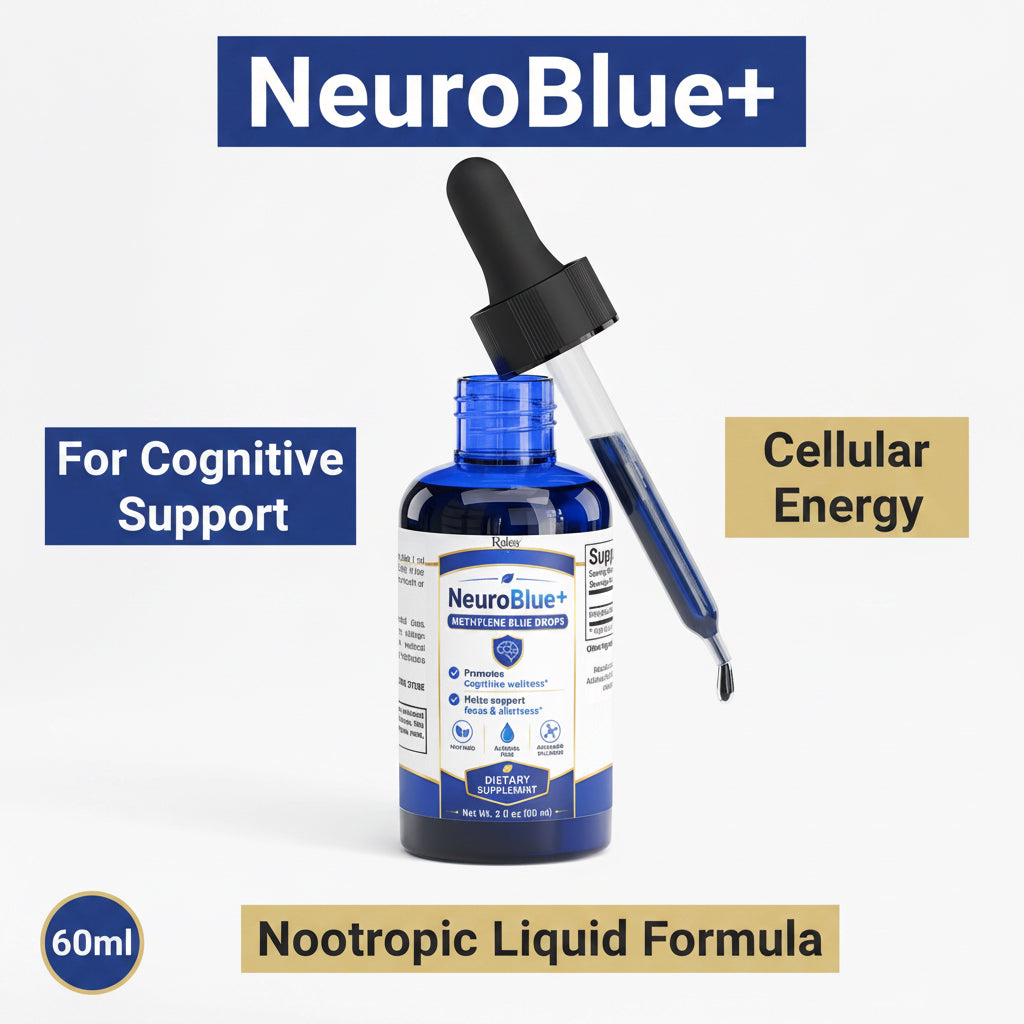 ROKSY NeuroBlue+ 60ml liquid supplement containing methylene blue for cognitive support and energy