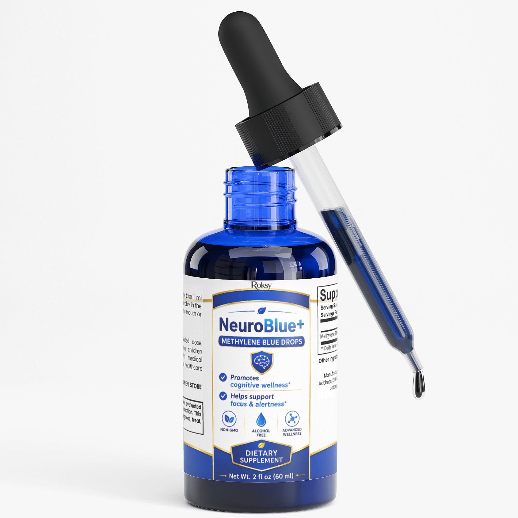 Roksy NeuroBlue+ Methylene Blue Drops 2 oz for cognitive wellness support and focus enhancement