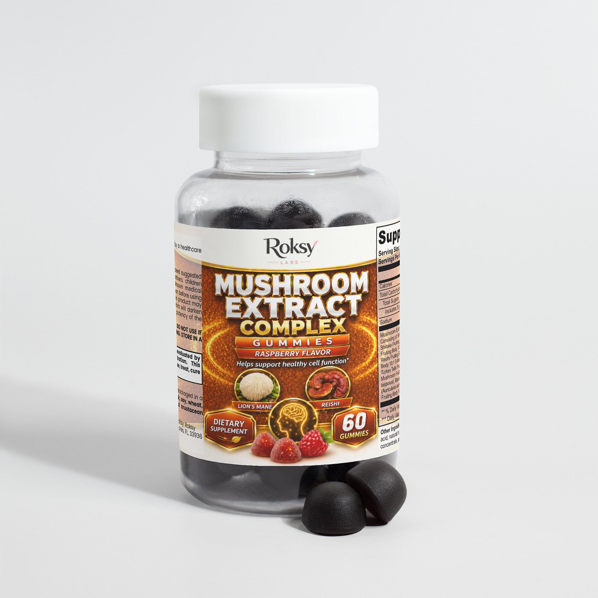 Roksy Mushroom Gummies in a jar with raspberry flavor for healthy gut support