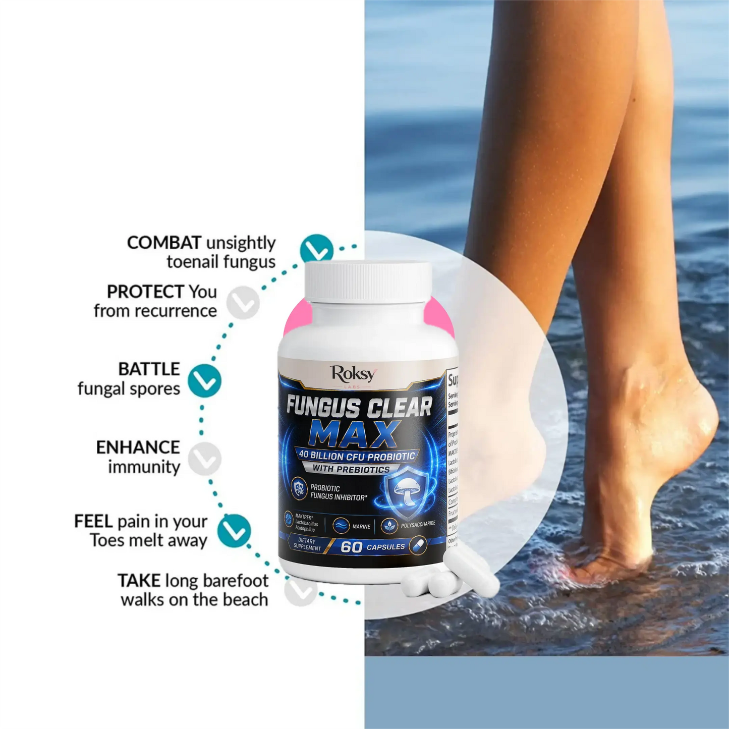Roksy Fungus Clear Max 60 capsules for nail fungus fingernails treatment and digestive support
