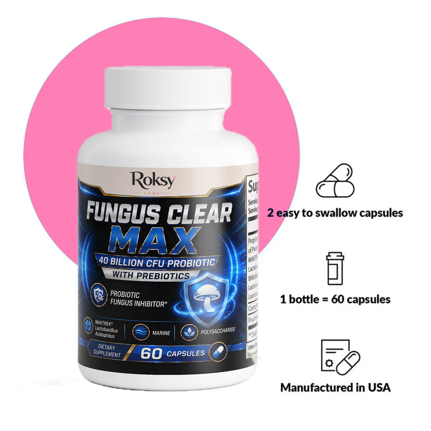 Roksy Fungus Clear Max digestive support 60 capsules for nail fungus fingernails treatment