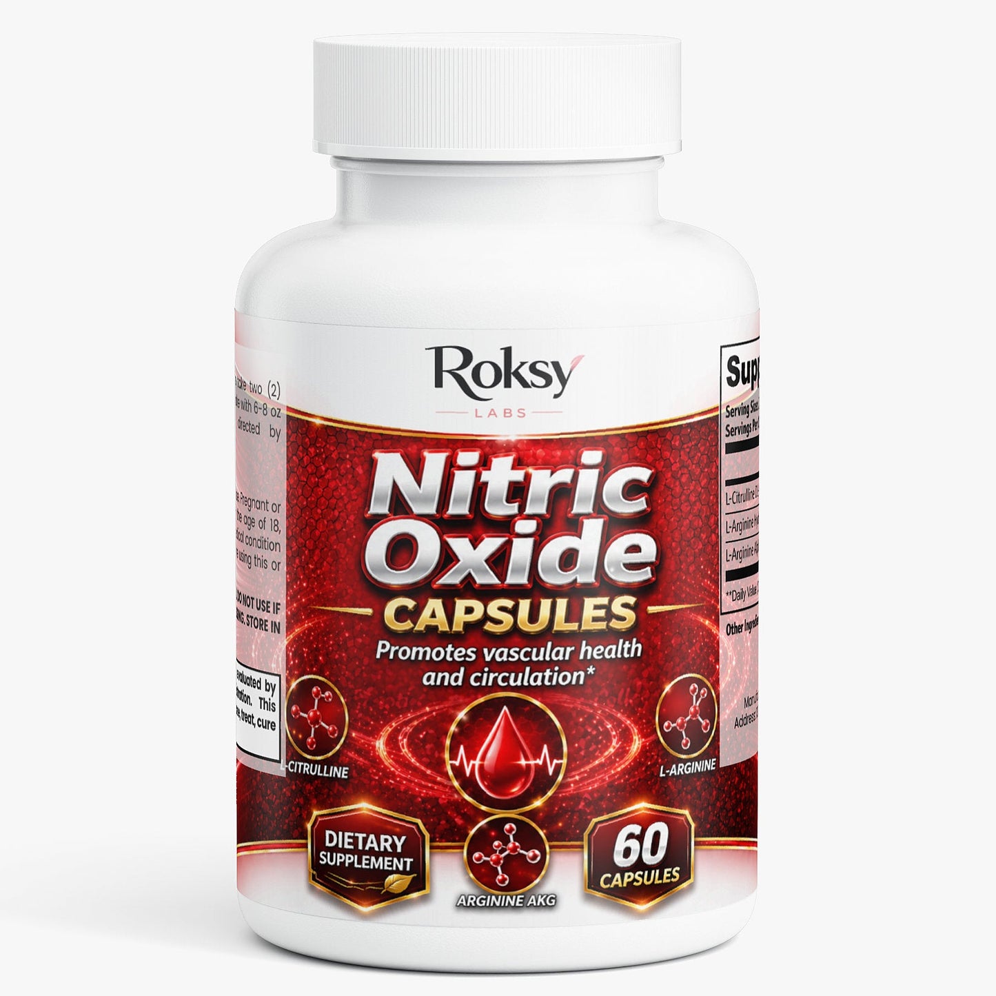 Roksy Nitric Oxide Capsules for post-workout recovery, promoting vascular health and circulation