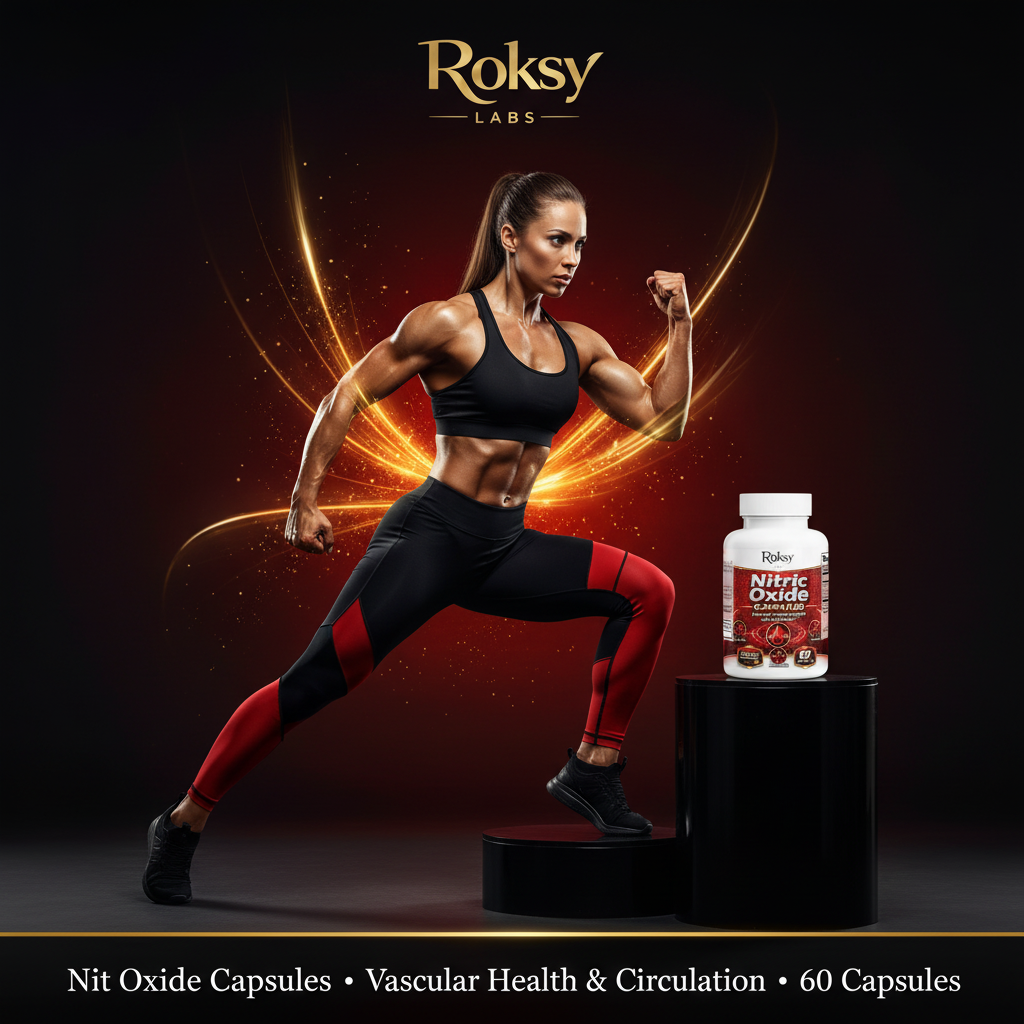 Powerful fit woman athlete in a dynamic gym pose beside the Roksy Nitric Oxide Capsules bottle, dramatic red and black background with gold light streaks, sleek gold-bordered banner reading: Nitric Oxide Capsules · Vascular Health & Circulation · 60 Capsules
