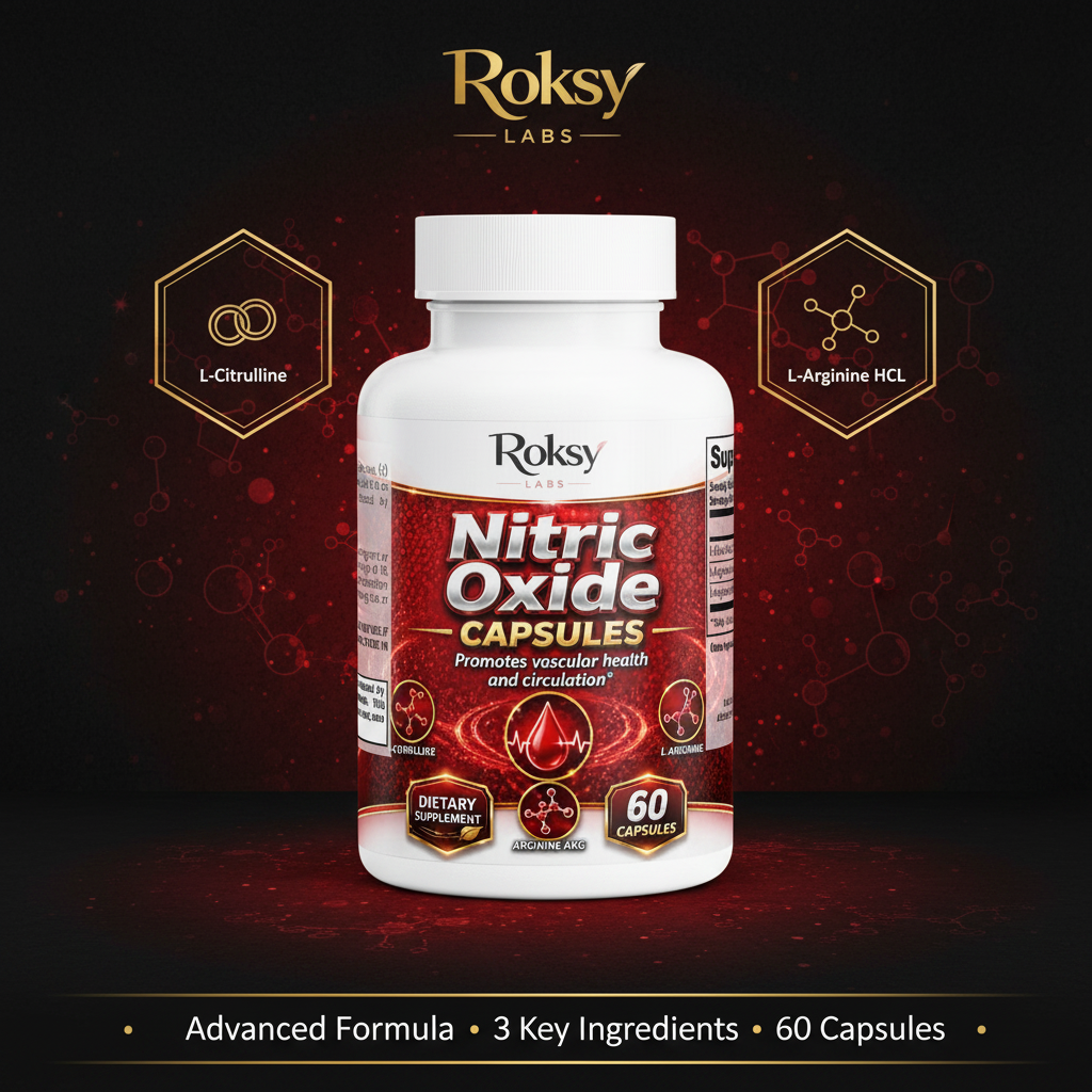 Roksy Nitric Oxide Capsules bottle on dark red background with three gold hexagonal badges displaying key ingredients: L-Citrulline, L-Arginine HCl and Arginine AKG, with gold-bordered banner reading: Advanced Formula · 3 Key Ingredients · 60 Capsules