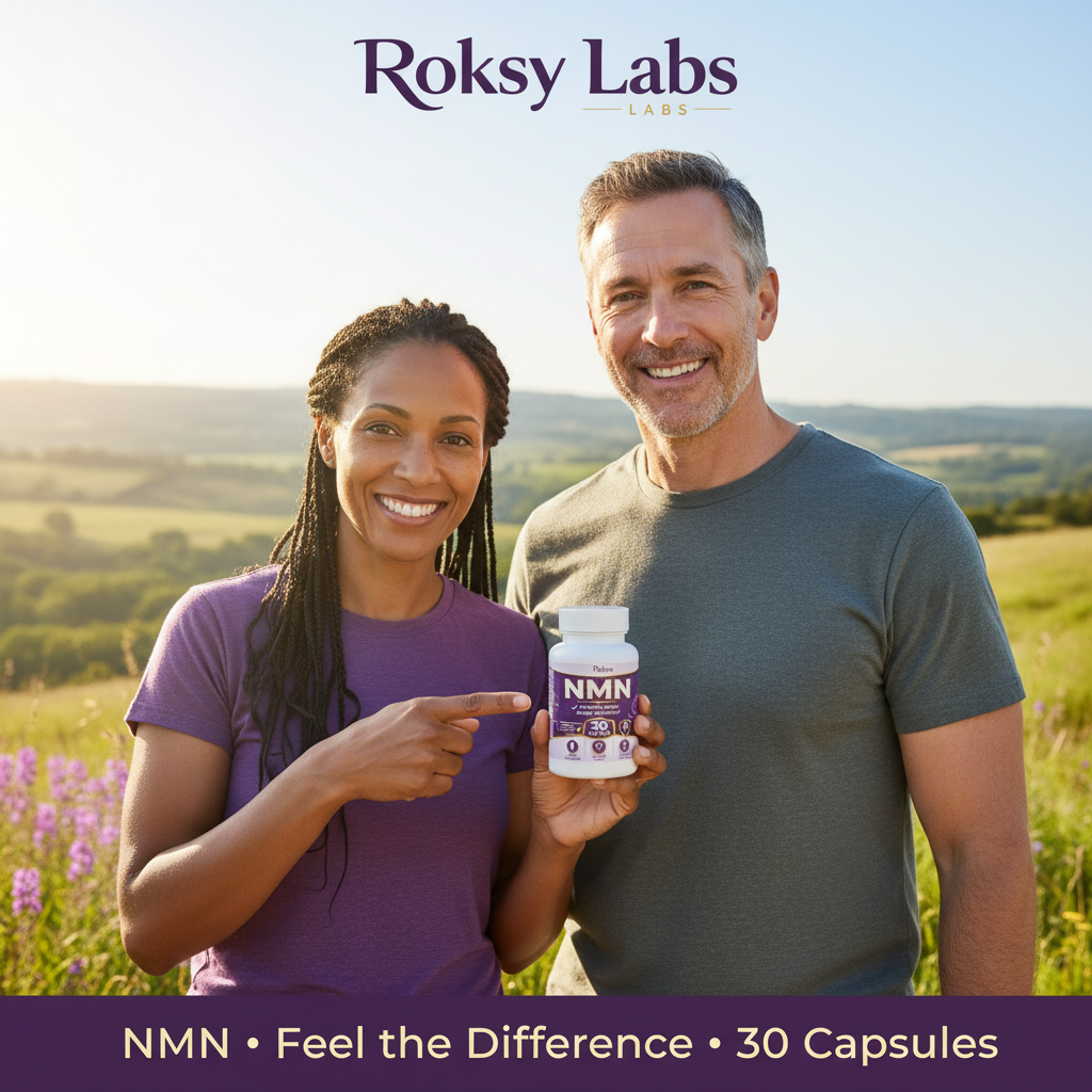 Roksy NMN supplement with 500mg capsules in a 30-count bottle for enhanced energy and vitality