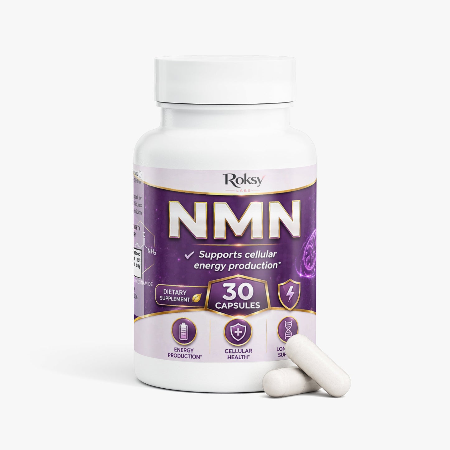 Roksy NMN supplement in a bottle with 30 capsules, promoting energy production and cellular health