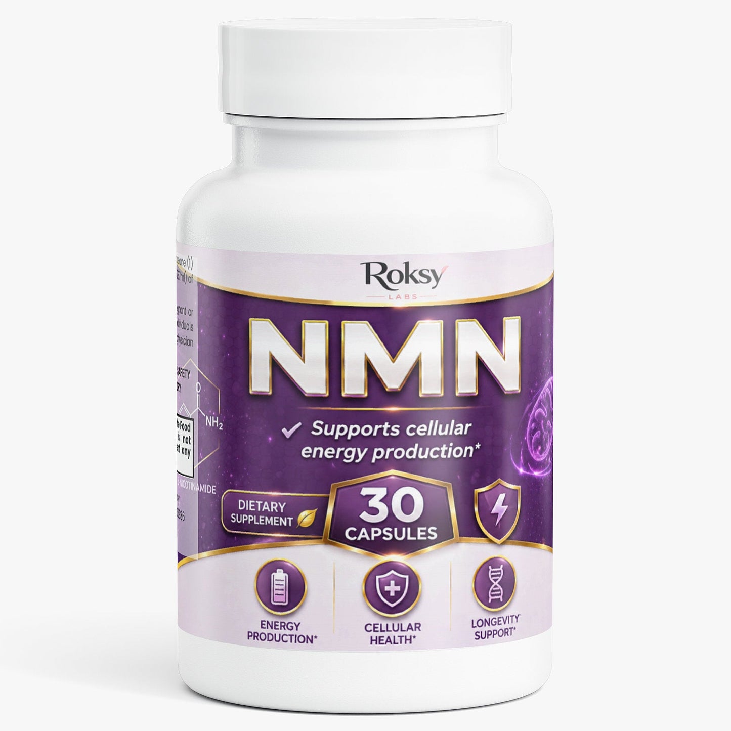 Roksy NMN supplement in a 30-capsule bottle supporting cellular energy production