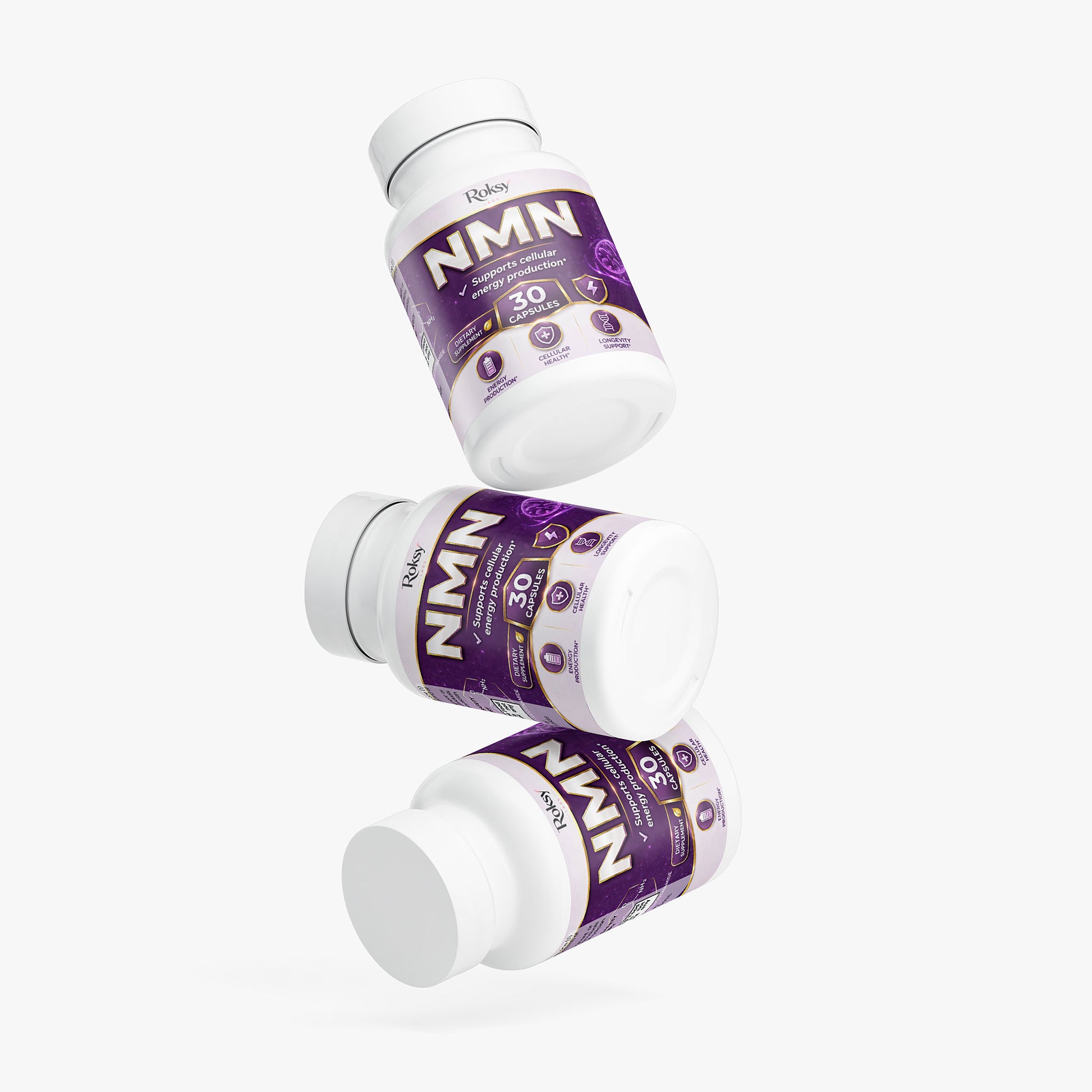 Roksy NMN supplement bottles with 30 servings each for boosting energy and promoting longevity
