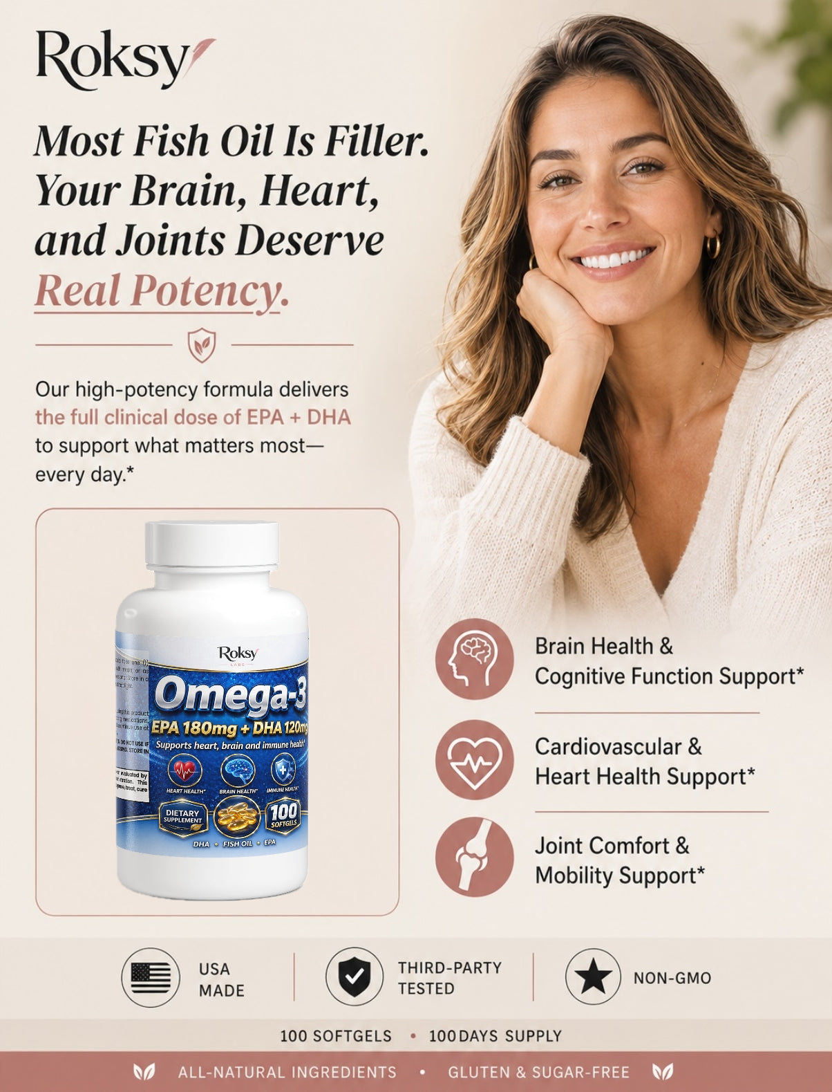 Roksy Omega 3 Fish Oil 180mg capsules for brain and heart health support