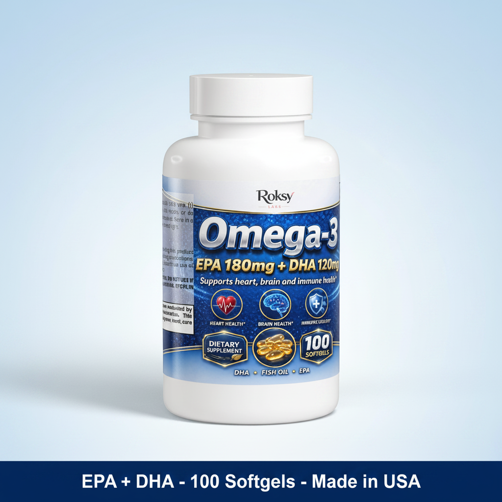 Roksy Omega 3 fish oil softgels with 180mg EPA and 120mg DHA for heart and brain health