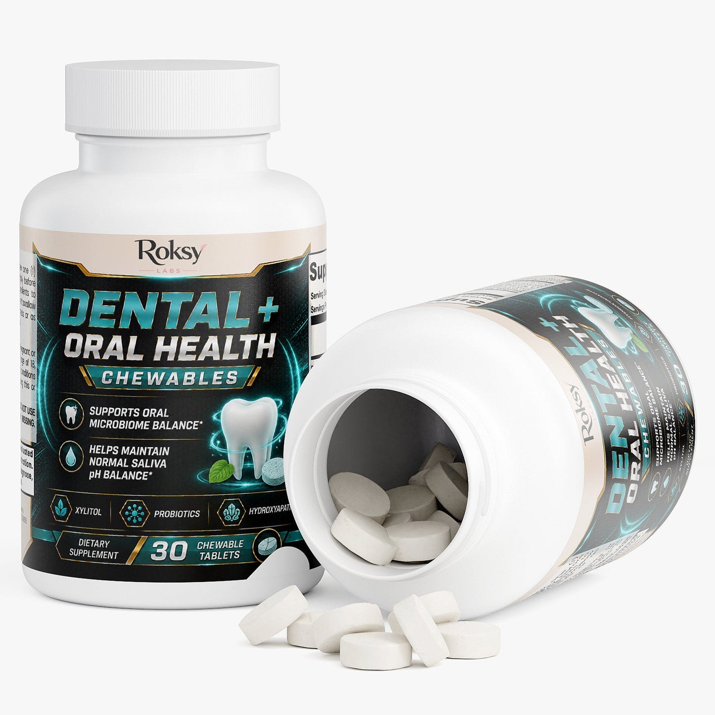 Roksy Dental + Oral Health chewable tablets for oral health hygiene, 30 count bottle