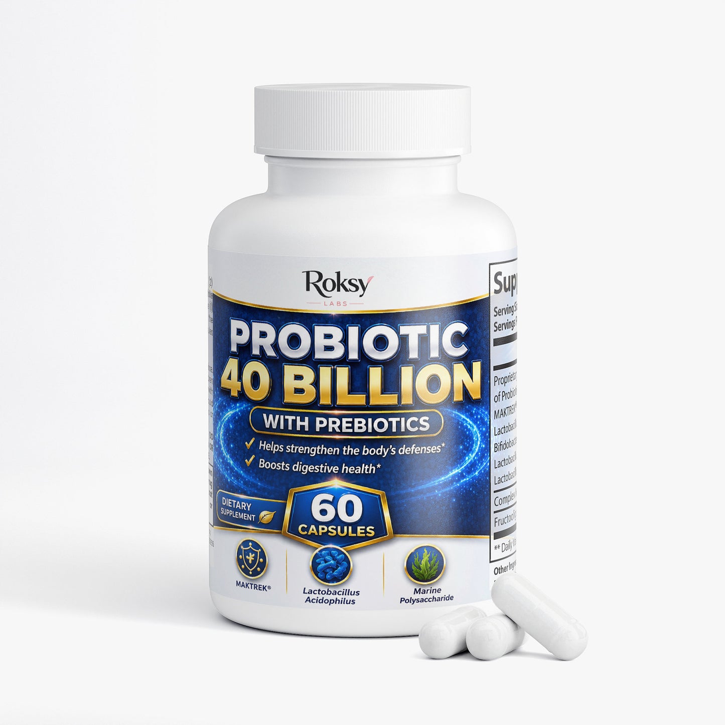 Roksy Probiotic 40 Billion with Prebiotics in a 60 capsule bottle for digestive support