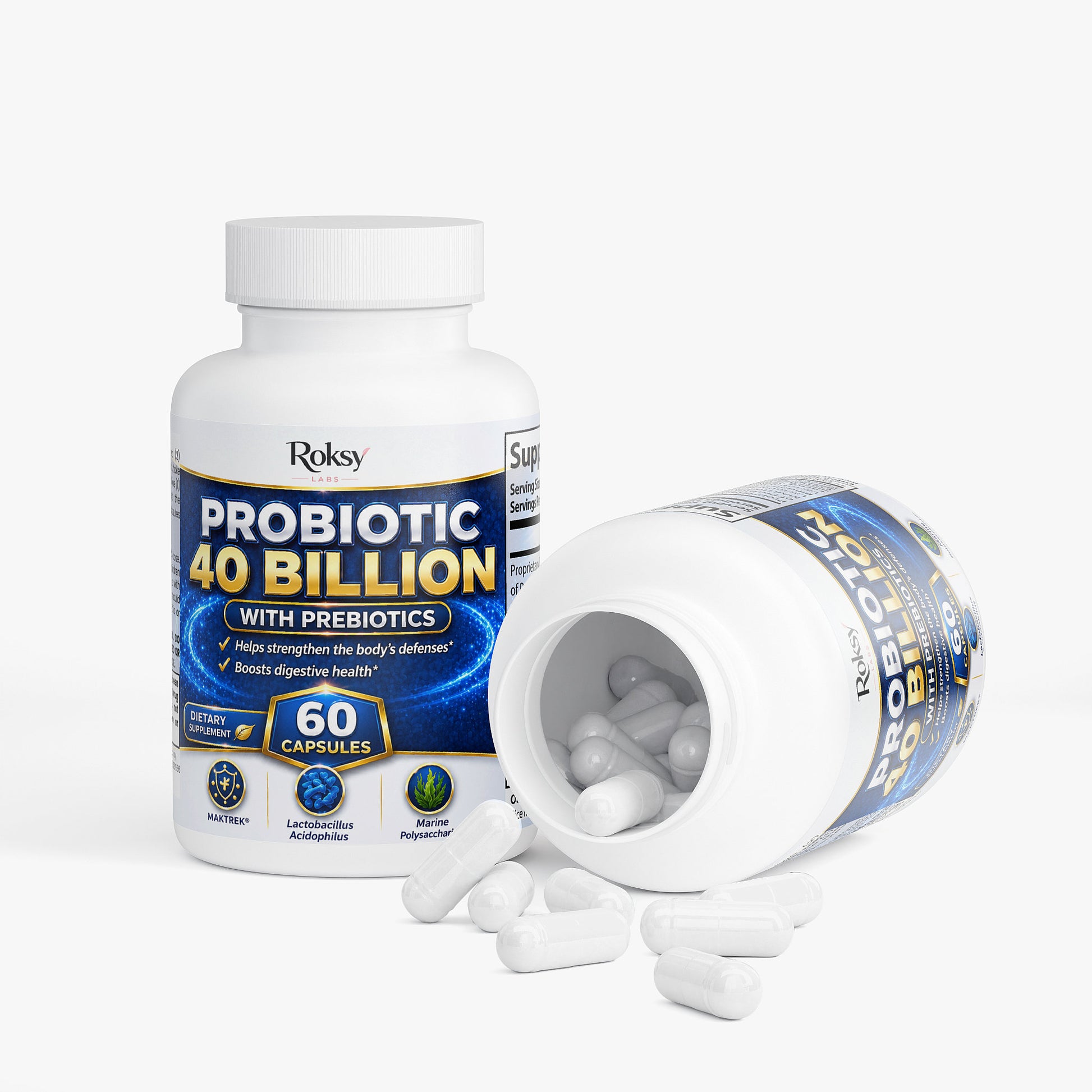Roksy Probiotic Food Supplement 40 Billion with Prebiotics in 60 Capsules for Digestive Support