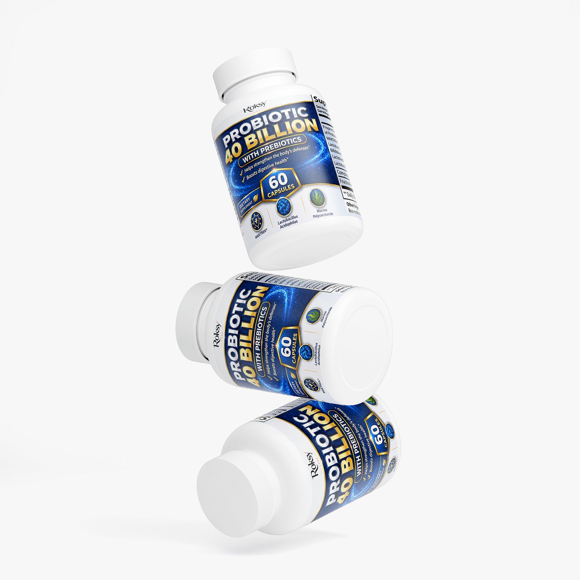 Roksy Probiotic Food Supplement Bottles with Prebiotics, 60 Capsules for Digestive Support