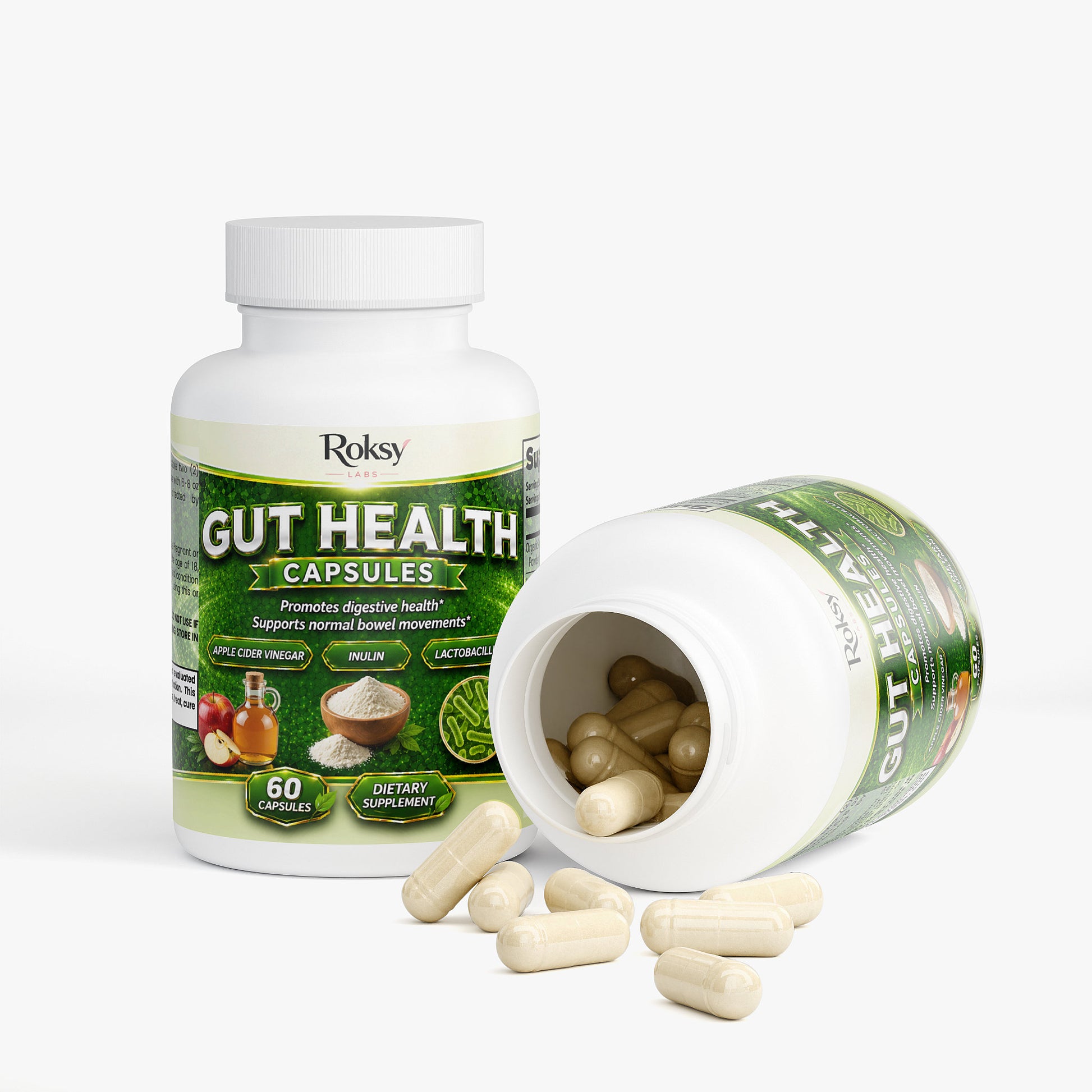 Roksy Gut Health Capsules 60 count, promoting digestive health with probiotics for gut health