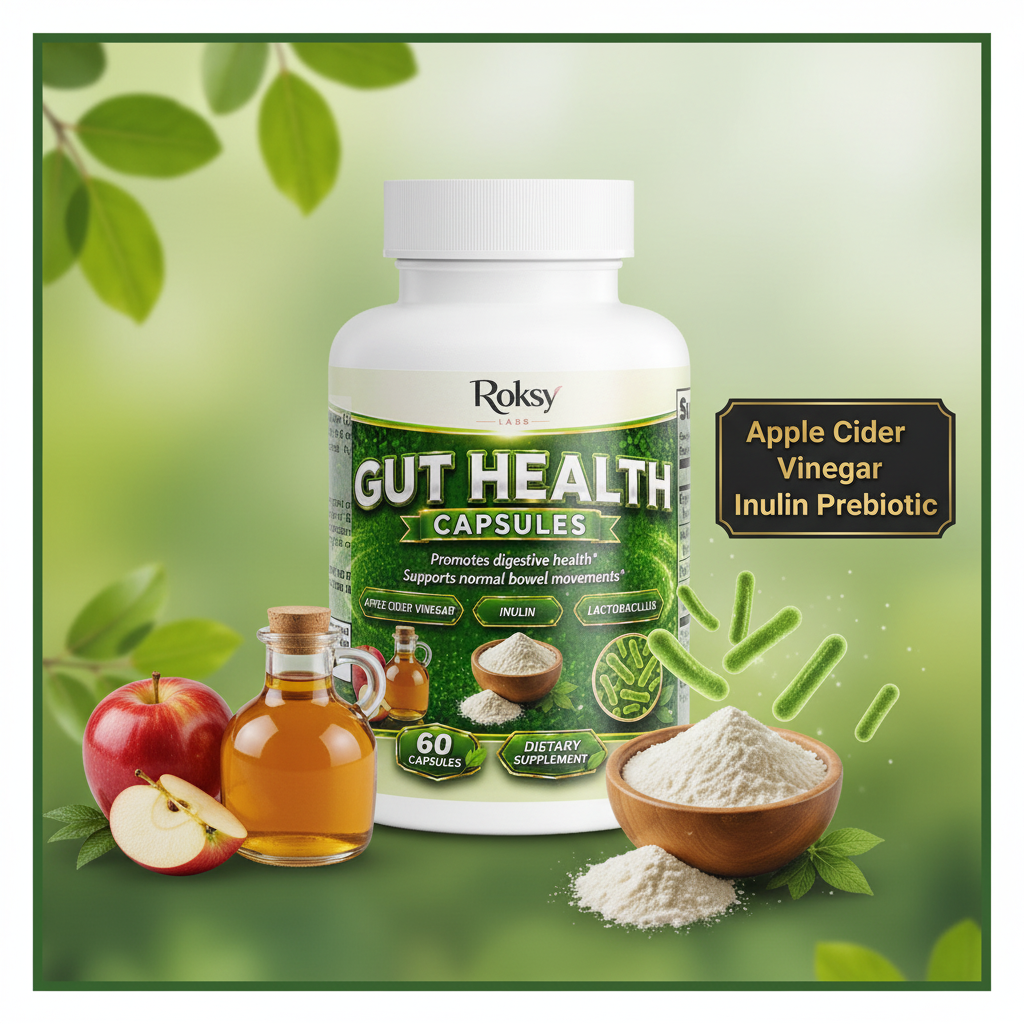 Roksy Gut Health Capsules with Probiotics for gut health, 60 capsules, supports digestive health