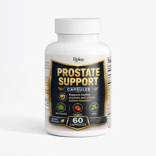 Roksy Prostate Saw Palmetto Capsules in a bottle with 60 servings for prostate health support