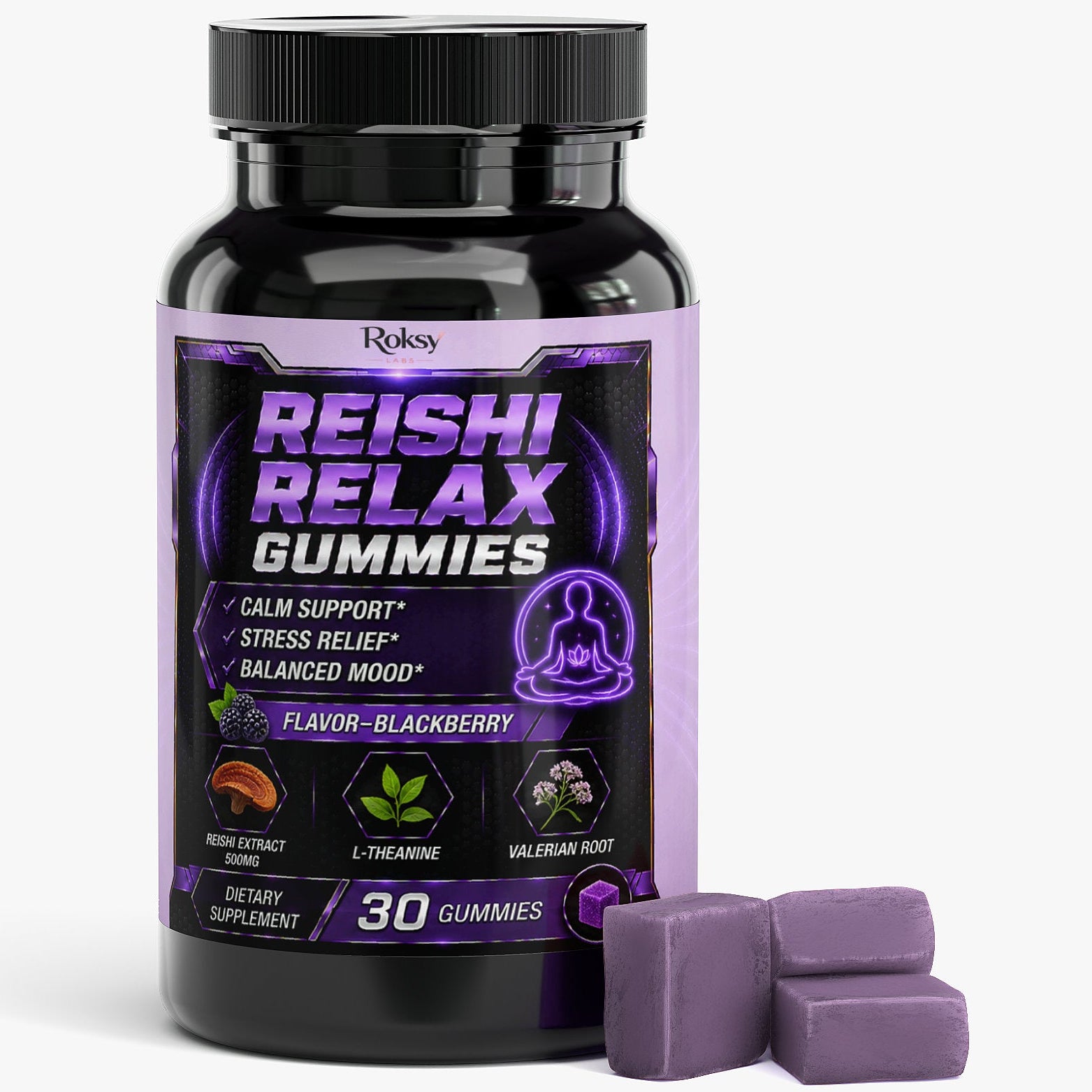 Roksy Reishi Stress Calm Gummies in Blackberry flavor, 30 count for stress relief and mood balance
