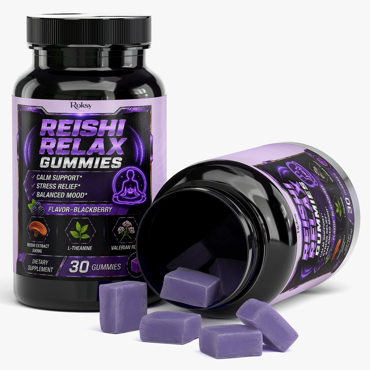 Roksy Reishi Stress Calm gummies in Blackberry flavor for calm support and stress relief, 30 count bottle