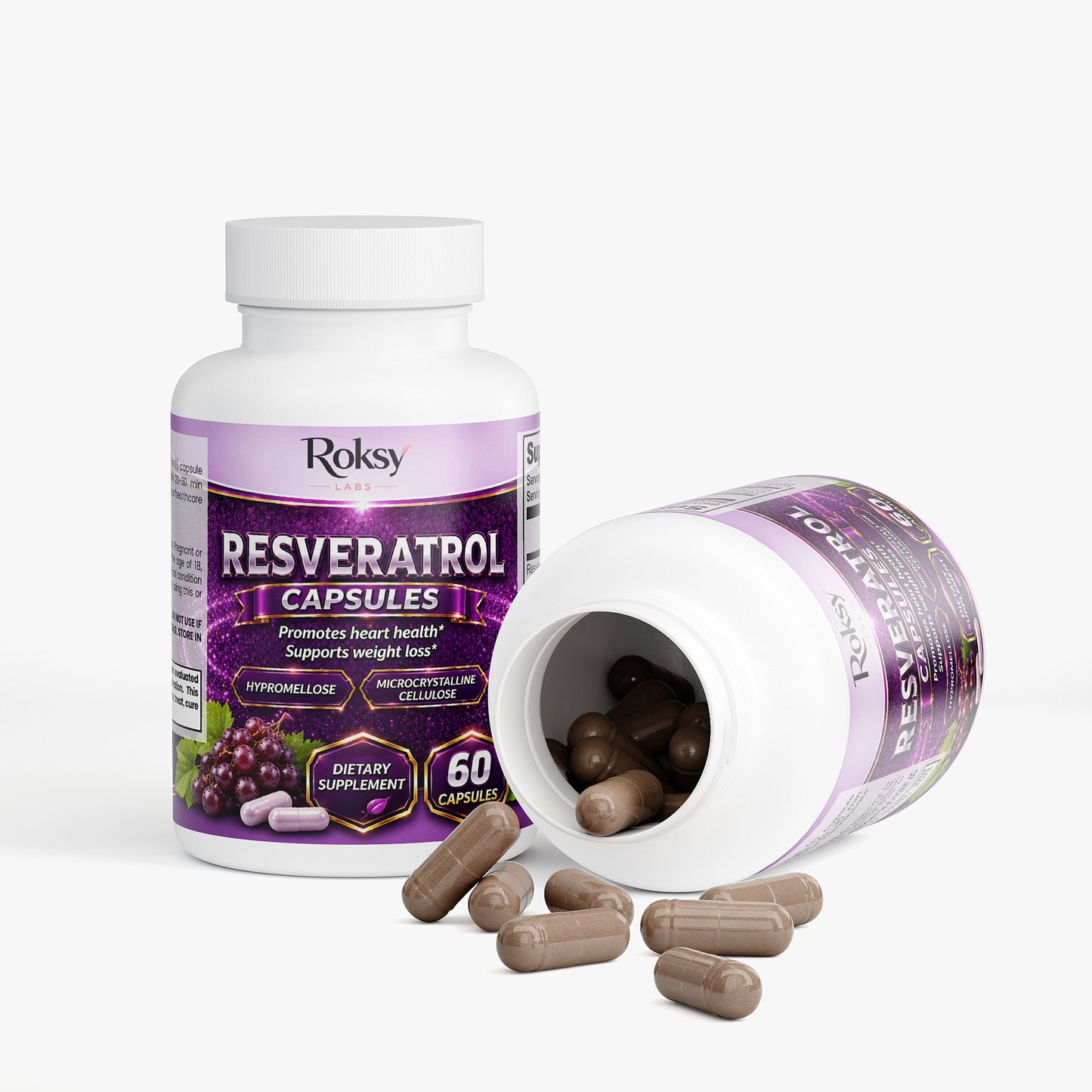 Roksy Resveratrol Capsules for heart health and weight management in a 60 count bottle