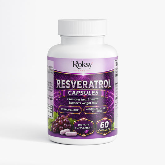 Roksy Resveratrol Capsules for weight management and heart health support in a 60-count bottle