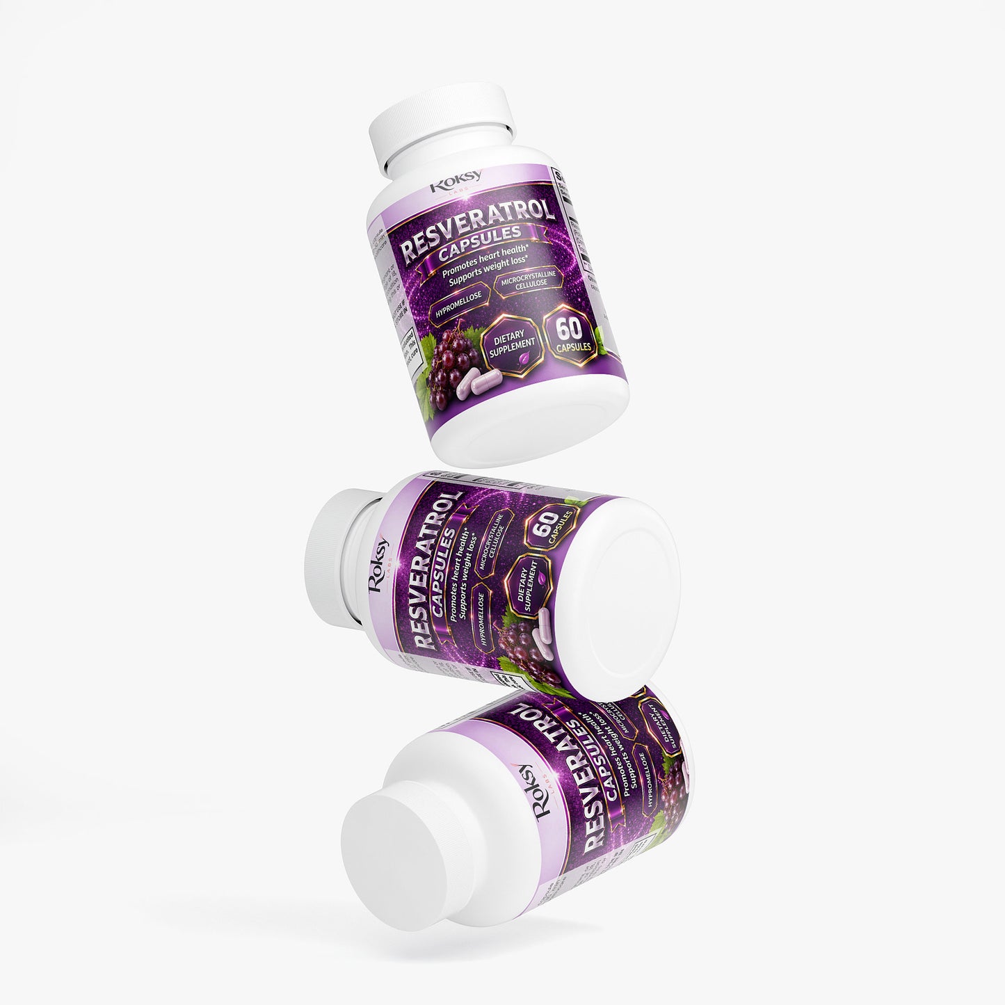 Roksy Resveratrol Capsules in Bottles for Weight Management with Antioxidant Benefits