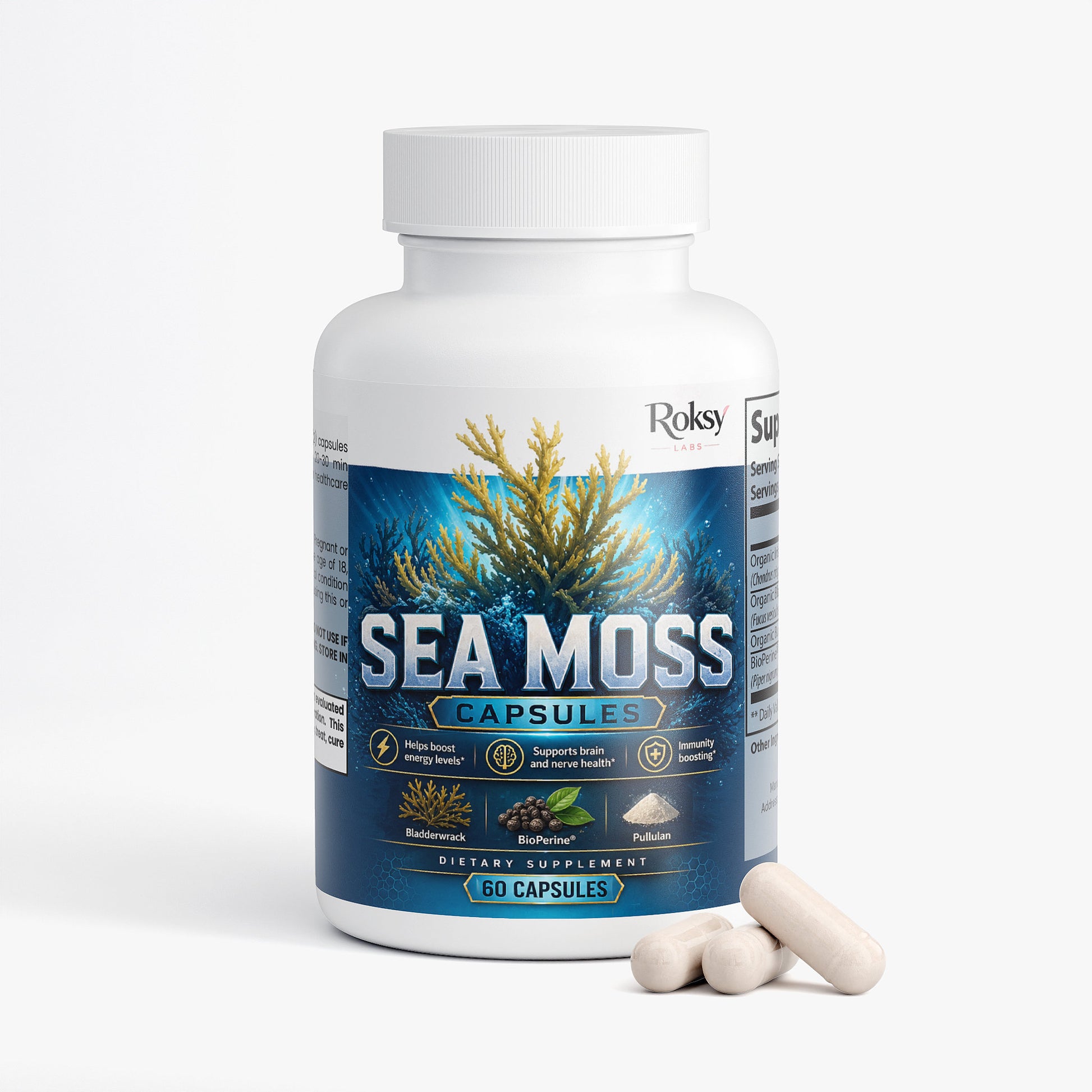 Roksy Sea Moss capsules in a bottle with 60 dietary supplements for health support