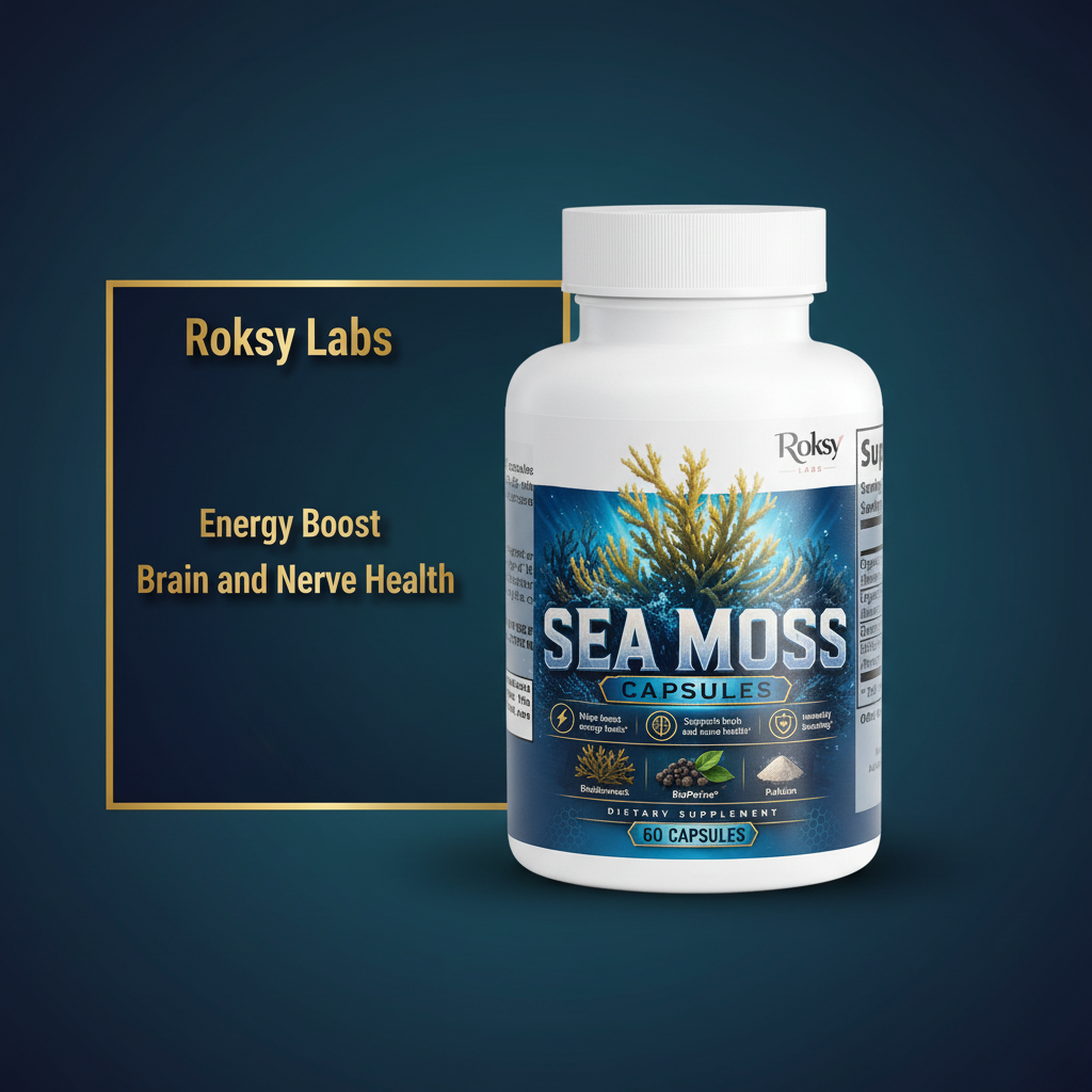 Roksy Labs Sea Moss capsules, 60 count, dietary supplement for energy boost and brain health