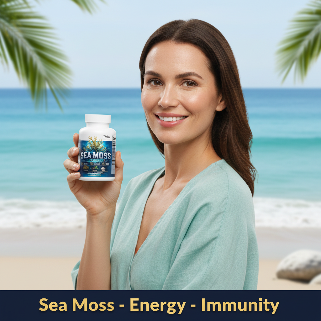 Roksy Sea Moss supplement in capsule form for energy and immunity support, displayed by a smiling woman on the beach