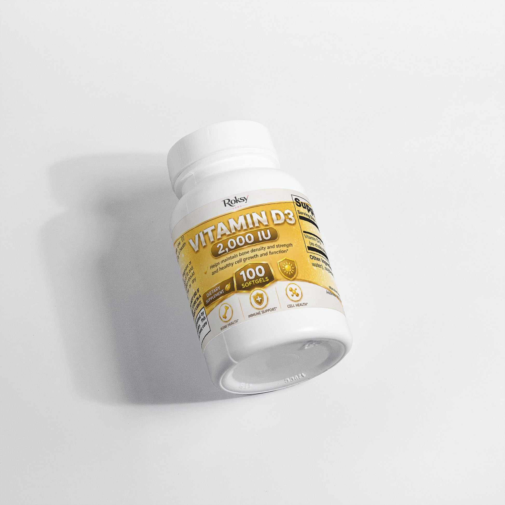 Roksy supplement vitamin D3 2000 IU softgels in a 100 count bottle for immune support