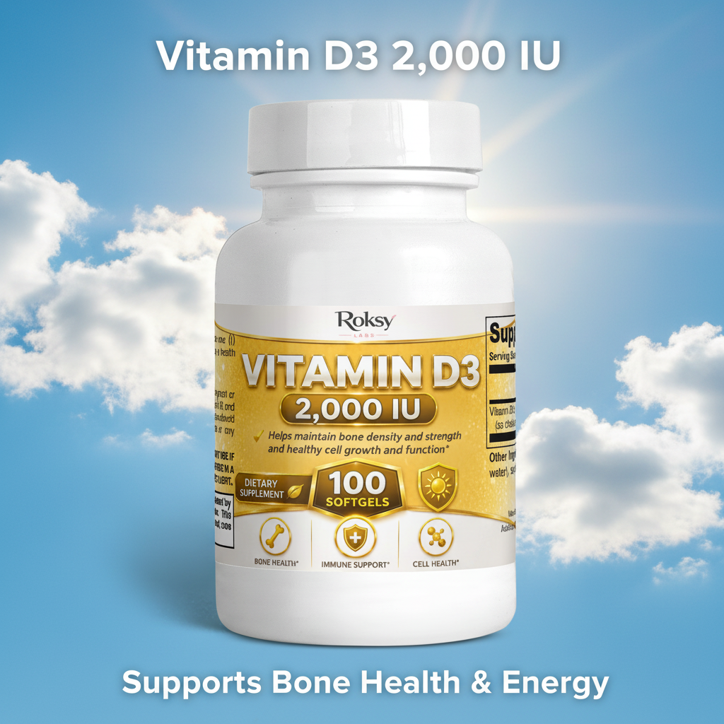 Roksy Vitamin D3 2000 IU softgels for bone health and energy support, 100 count bottle