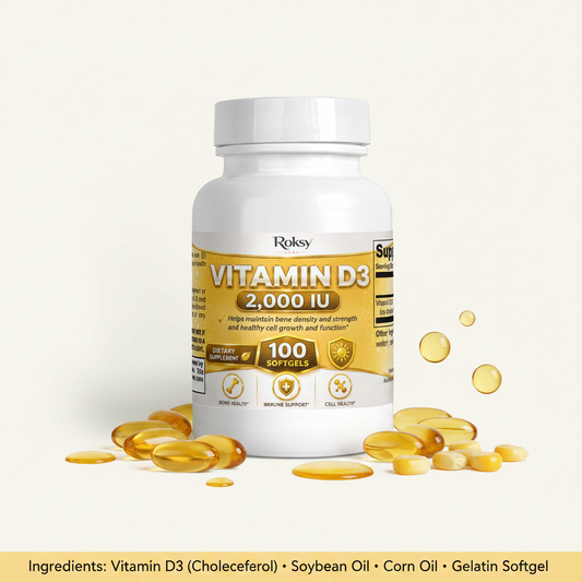 Roksy Supplement Vitamin D3 2000 IU softgels for bone and immune health, 100 count