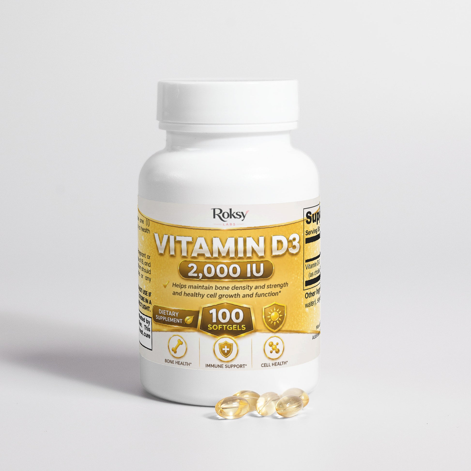 Roksy Vitamin D3 2000 IU softgels in a bottle for bone support and immune health with 100 count