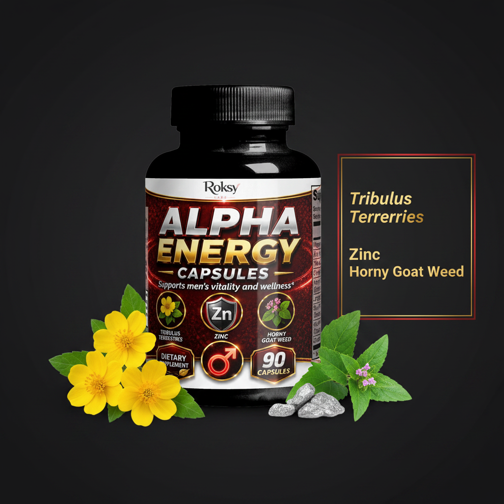 Roksy Alpha Energy testosterone booster capsules 90 count for men's vitality and wellness support