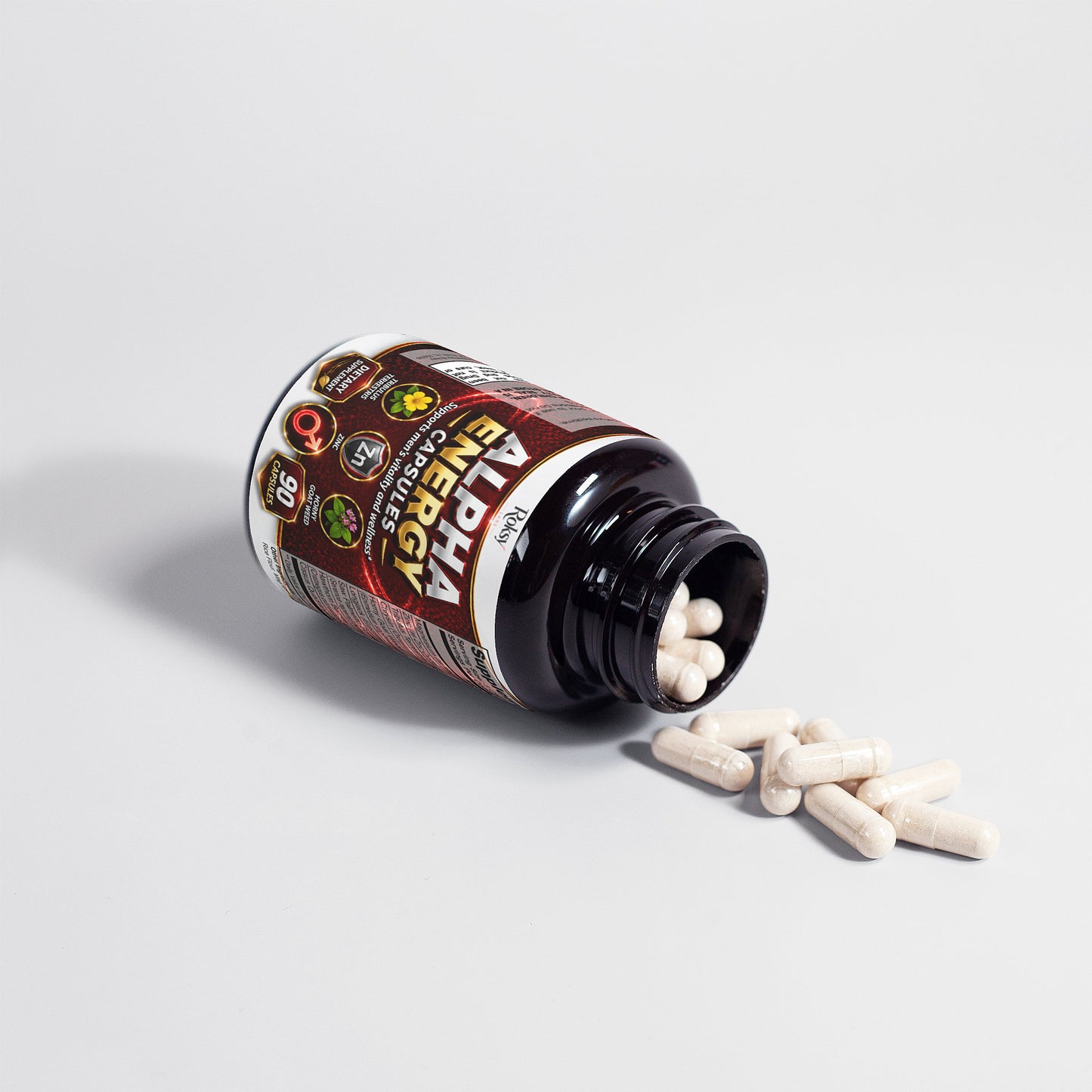 ROKSY Alpha Energy testosterone booster capsules in a 90-count bottle, promoting vitality and strength