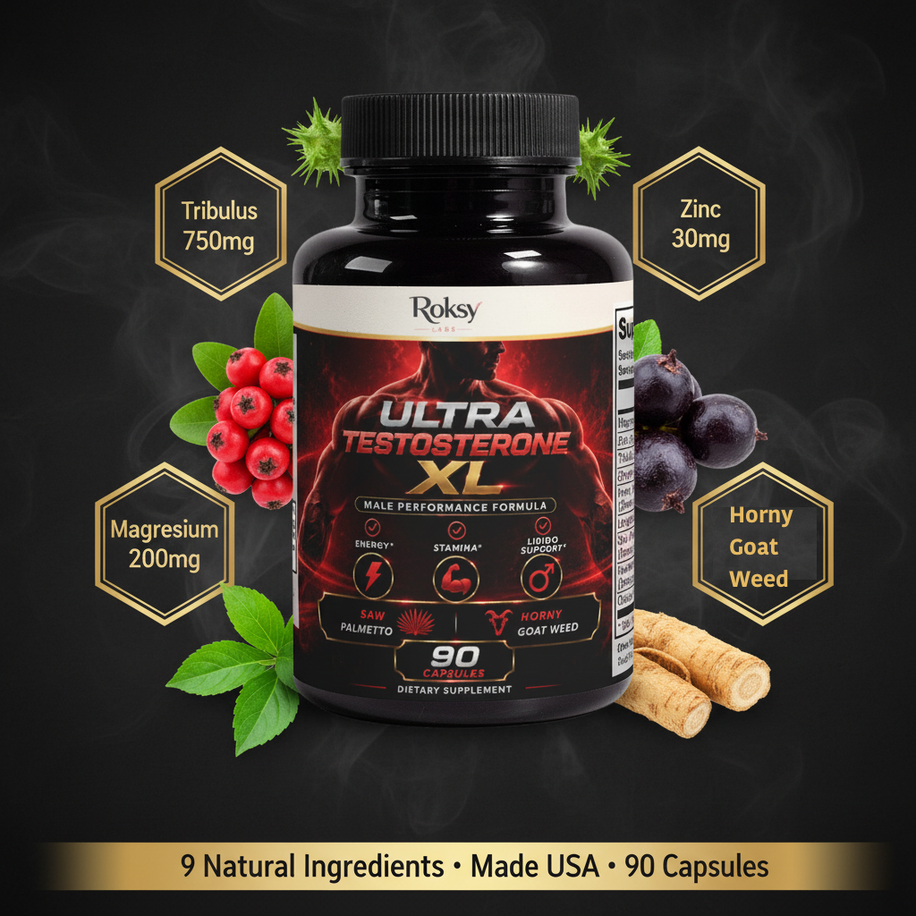 Roksy Ultra Testosterone XI capsules with 750mg Tribulus for male performance support, 90 capsules