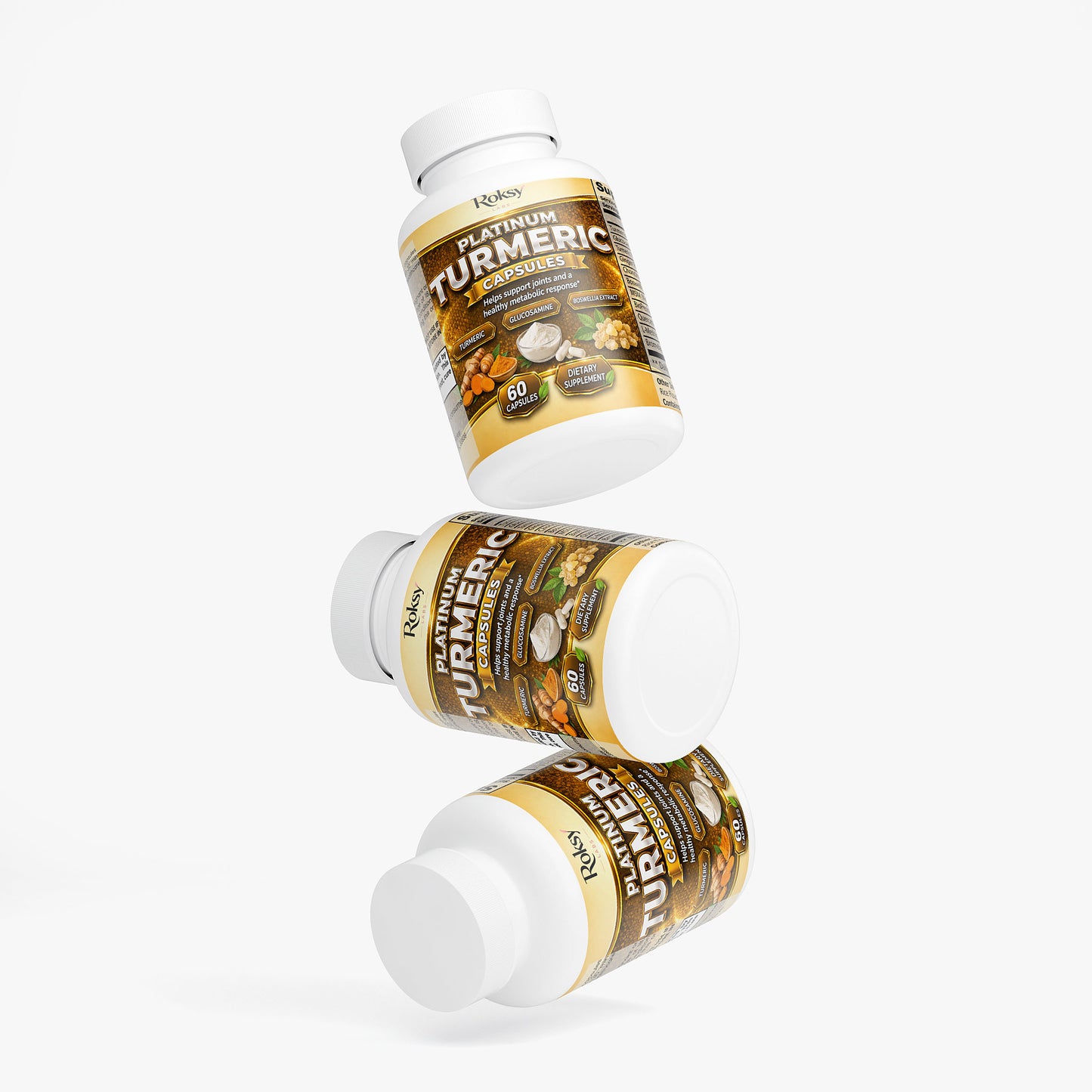 Roksy Platinum Turmeric Supplements in Bottles for Enhanced Natural Wellness