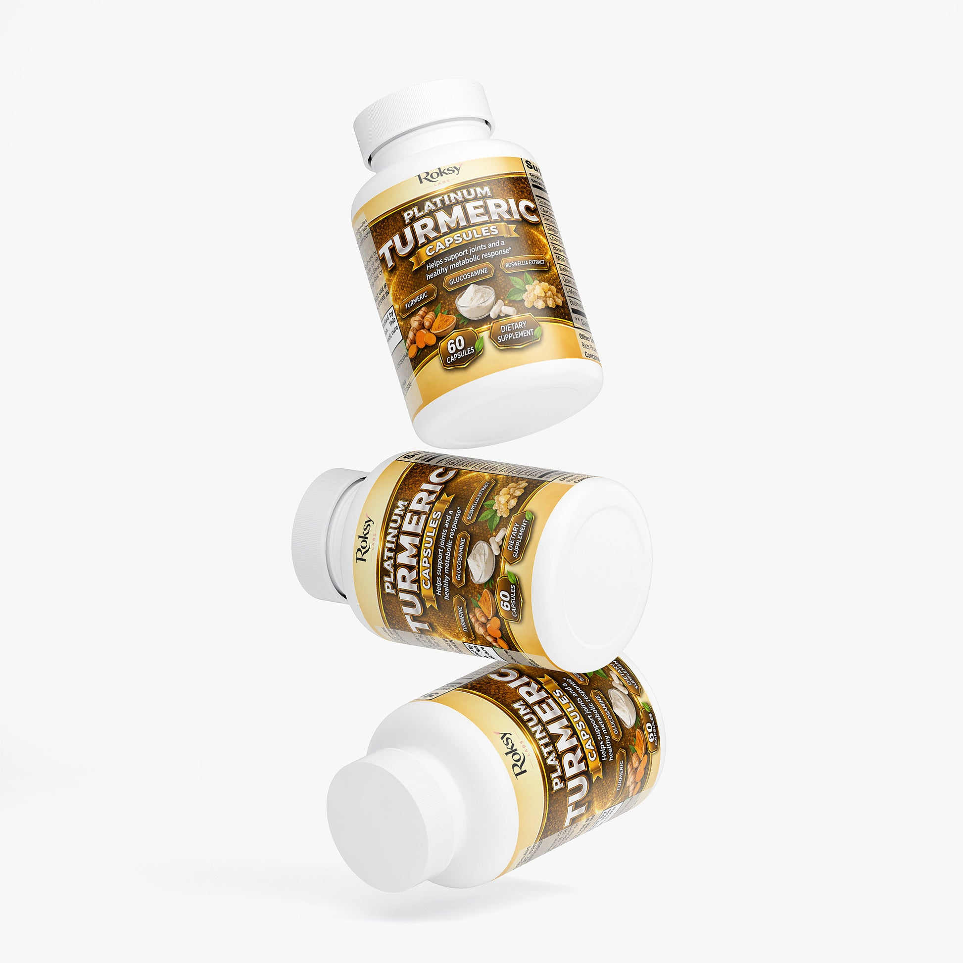 Roksy Platinum Turmeric Supplements in Bottles for Enhanced Natural Wellness