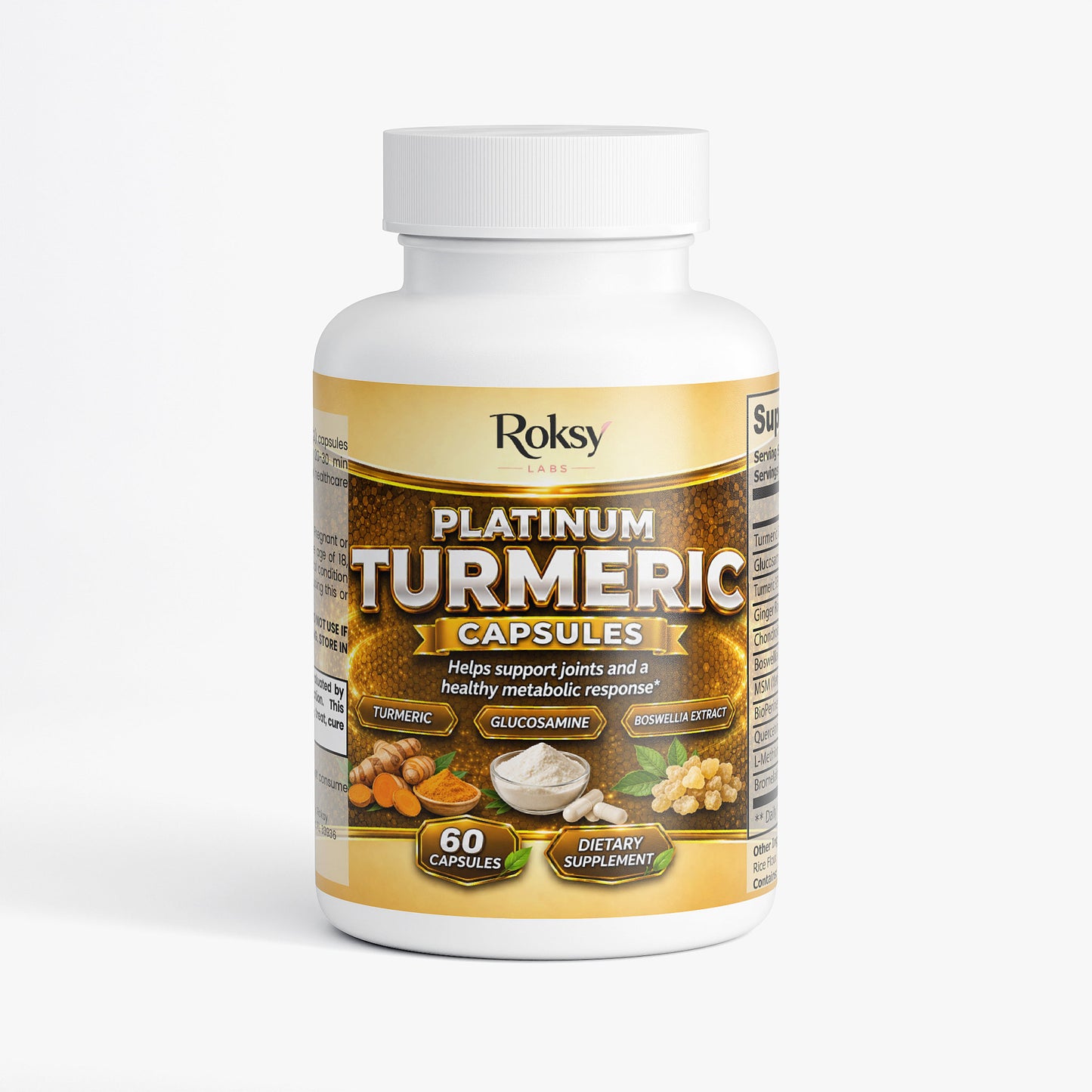 Roksy Platinum Turmeric Capsules in a bottle with 60 caps for joint support and metabolic health